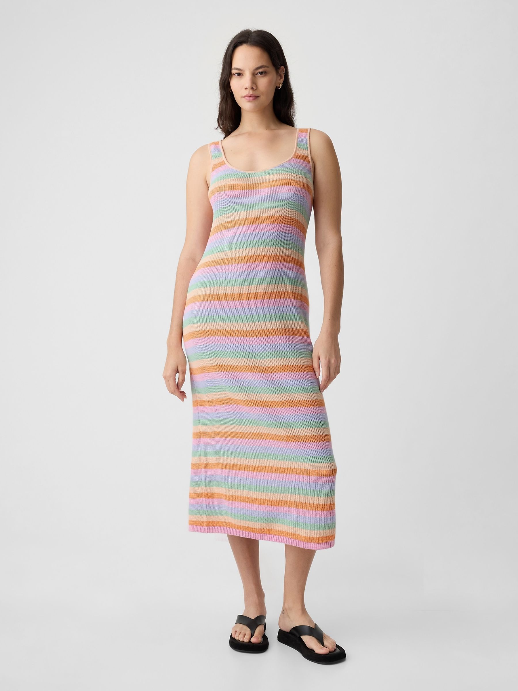 Orange Linen Cotton Sleeveless Scoop Neck Midi Dress - Image 2 of 4
