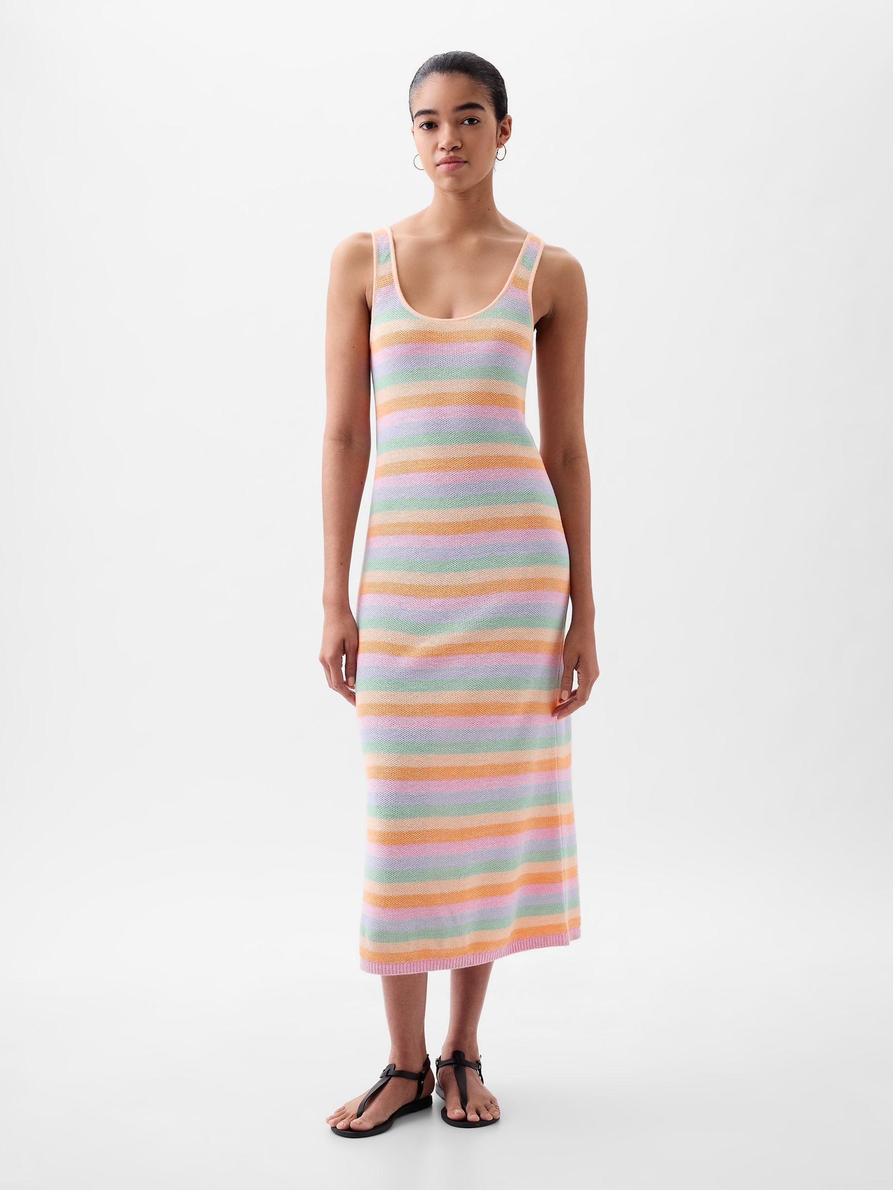 Orange Linen Cotton Sleeveless Scoop Neck Midi Dress - Image 3 of 4