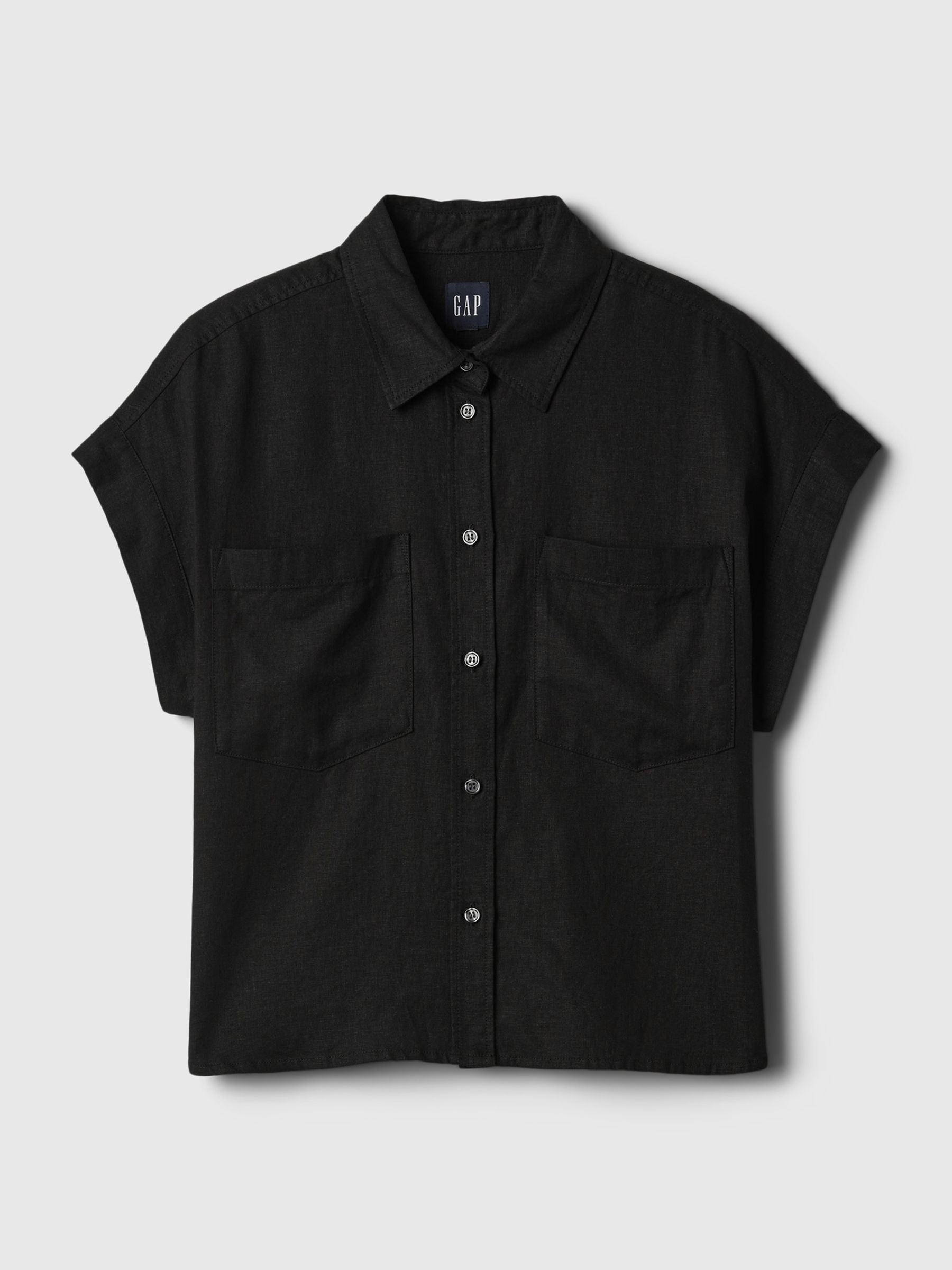 Black Linen-Blend Short Sleeve Cropped Shirt. - Image 4 of 4