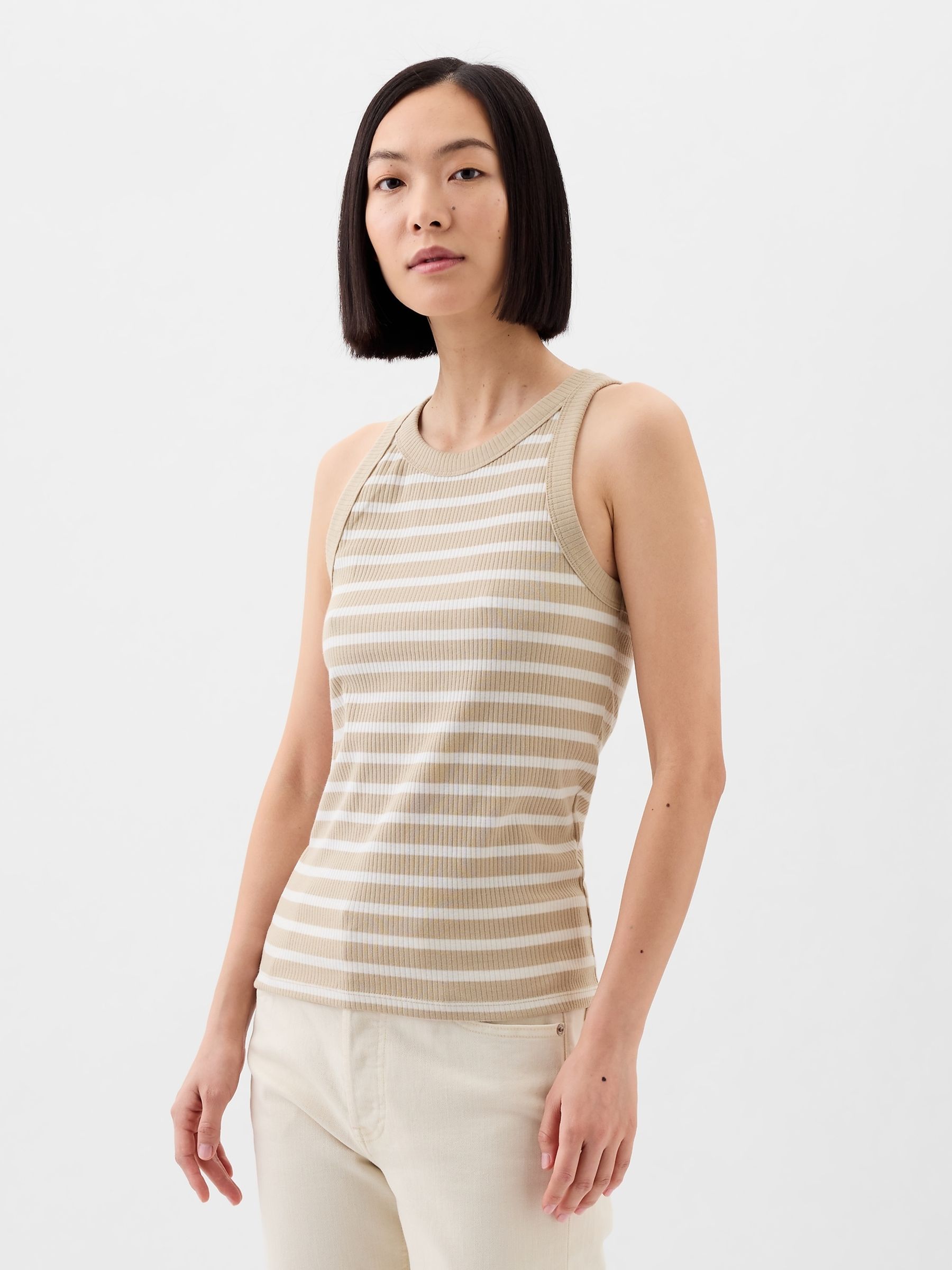 Neutral Ribbed Stripe High Neck Tank Top - Image 1 of 2