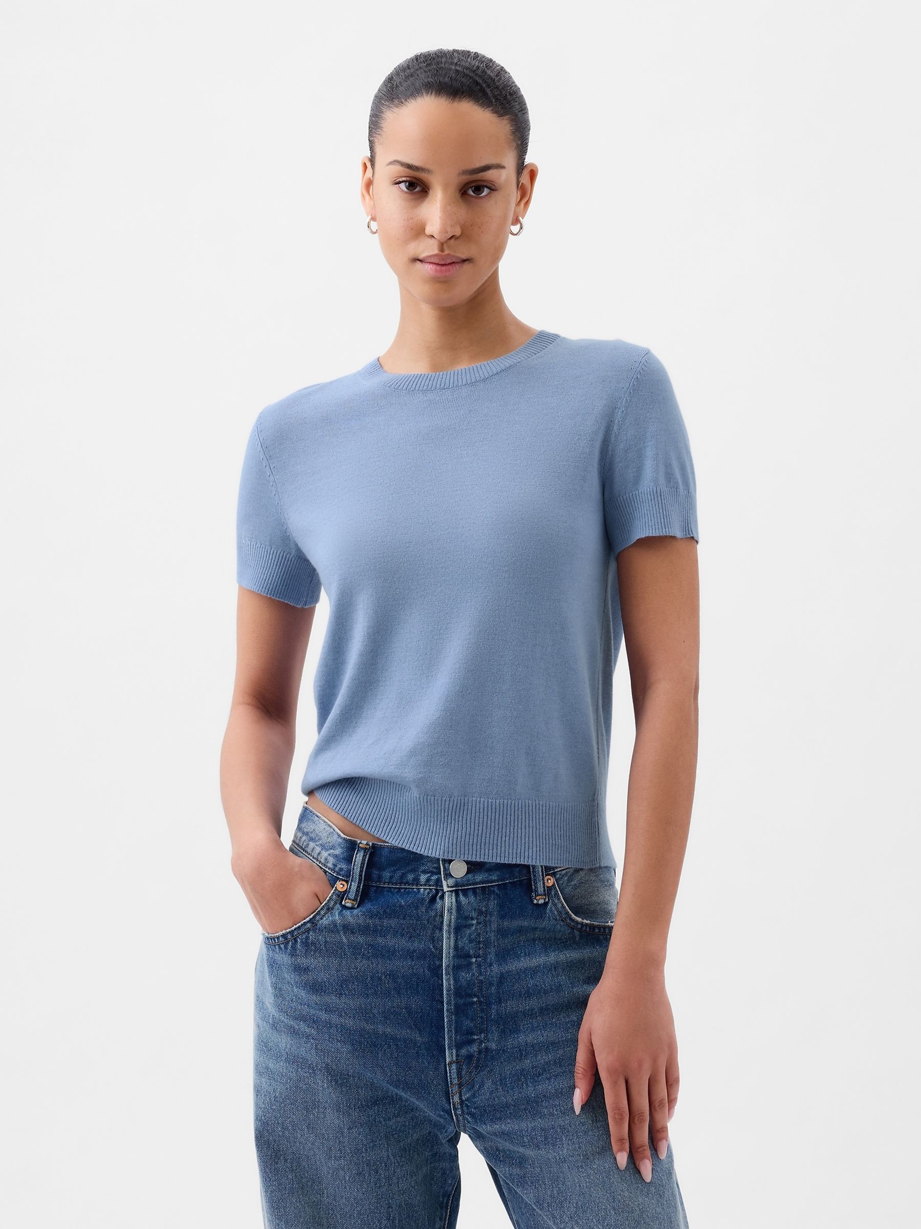 Blue Lightweight CashSoft Short Sleeve Jumper - Image 1 of 1 Blue Lightweight CashSoft Short Sleeve Jumper - Image 1 of 1