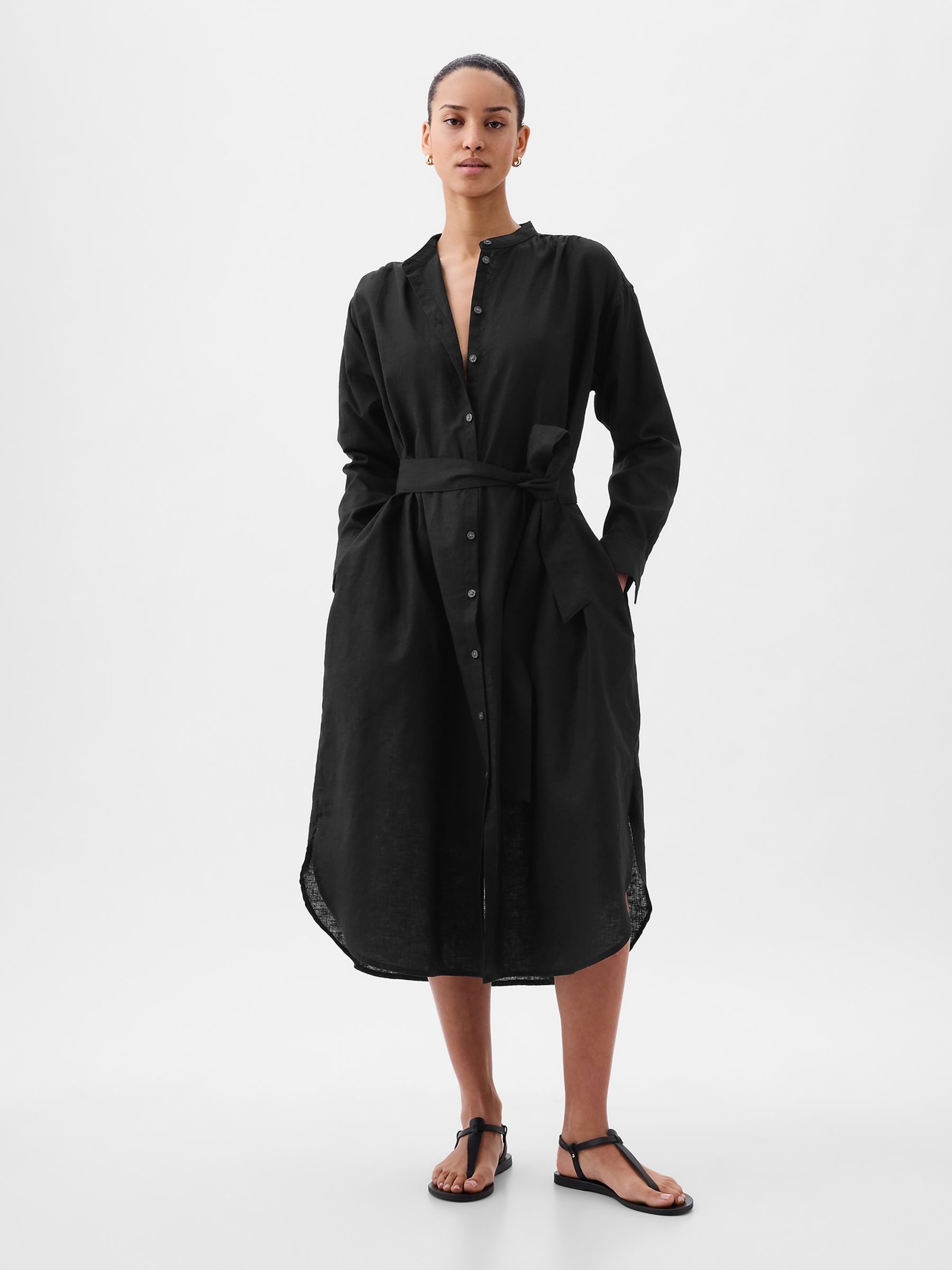 Black Linen Blend Long Sleeve Shirt Dress - Image 1 of 1