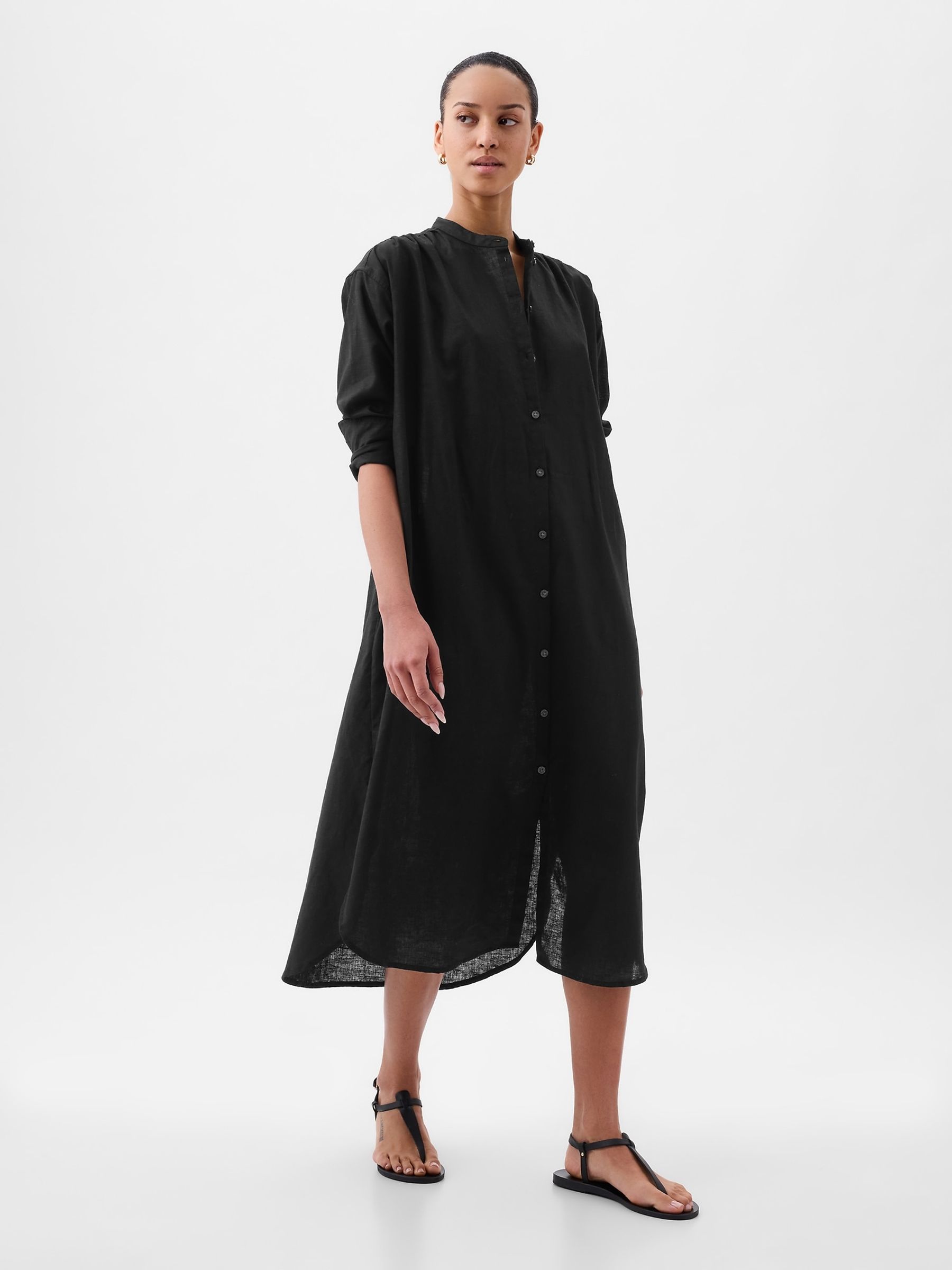 Black Linen Blend Long Sleeve Shirt Dress - Image 2 of 5