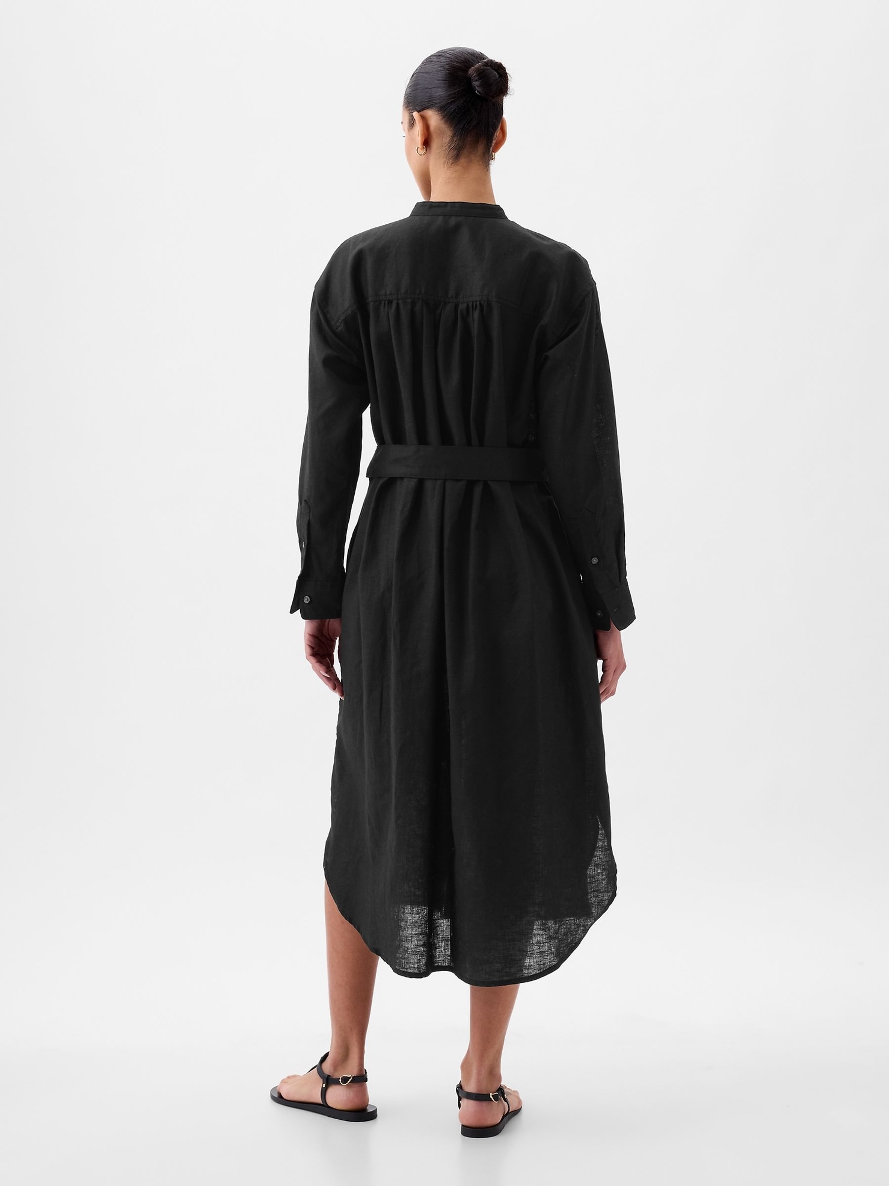 Black Linen Blend Long Sleeve Shirt Dress - Image 3 of 5