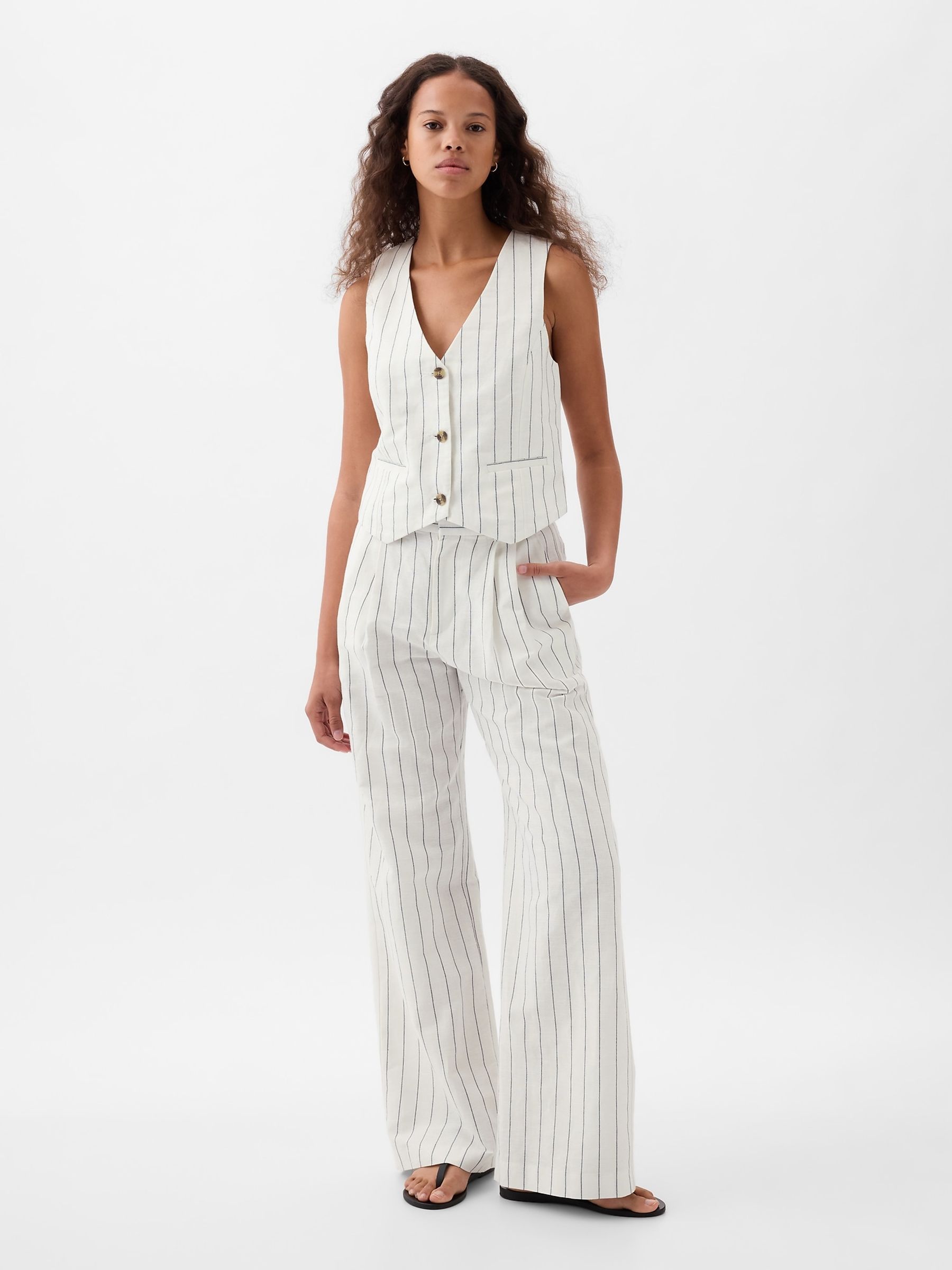 White & Navy Stripe Linen Cotton Waistcoat - Image 1 of 5
