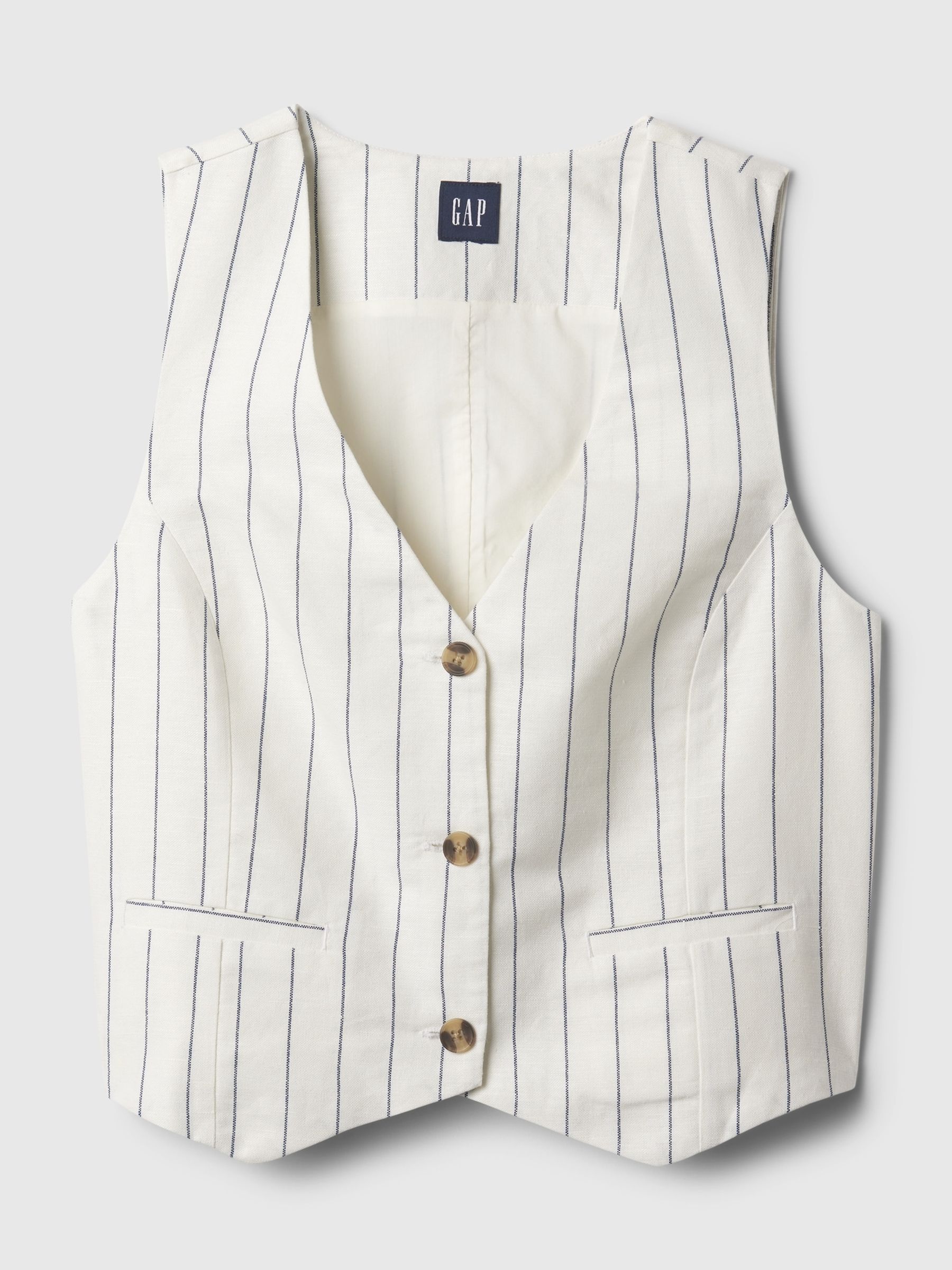 White & Navy Stripe Linen Cotton Waistcoat - Image 5 of 5