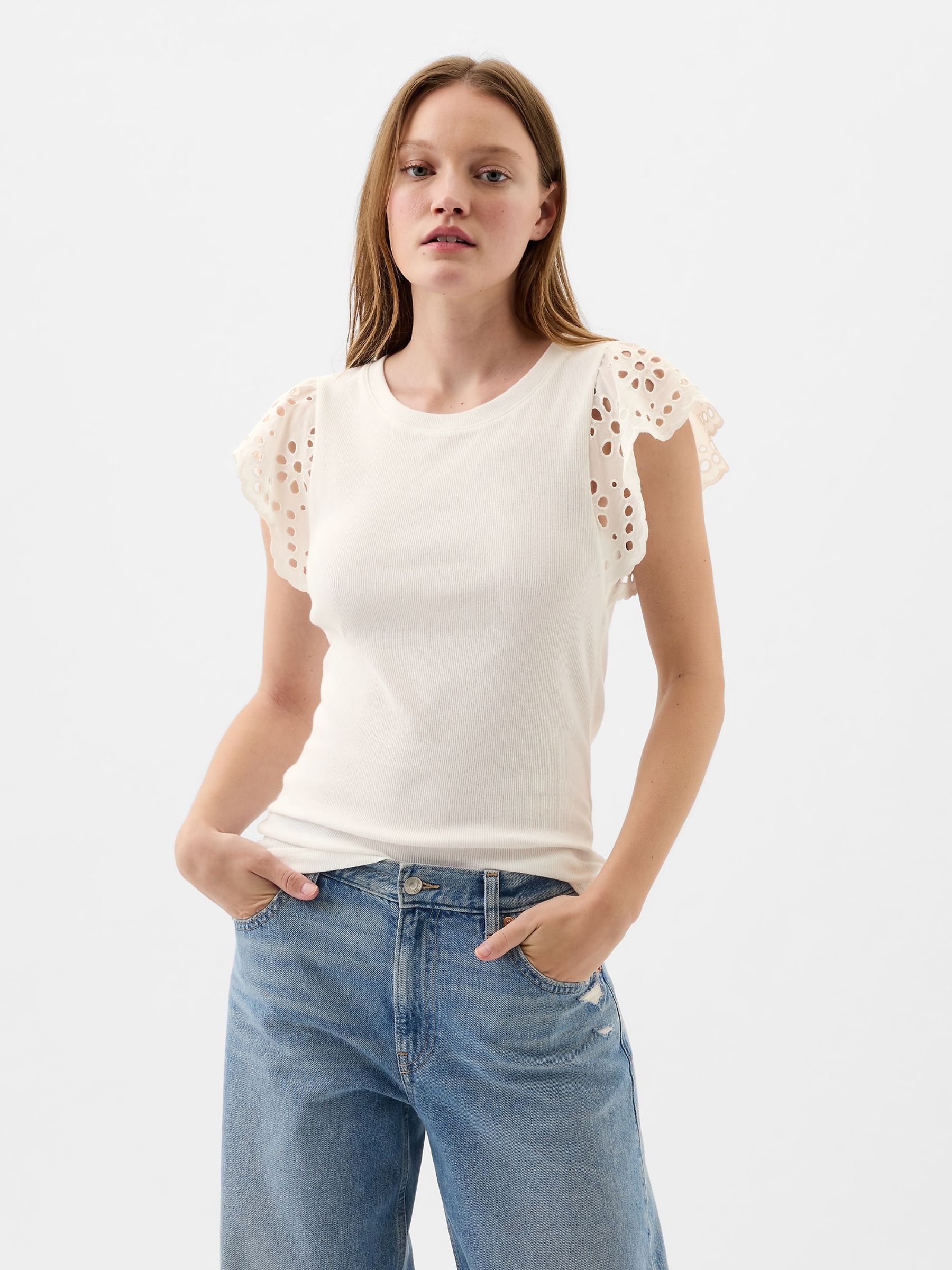 White Soft Knit Eyelet Flutter Sleeve Top - Image 1 of 4