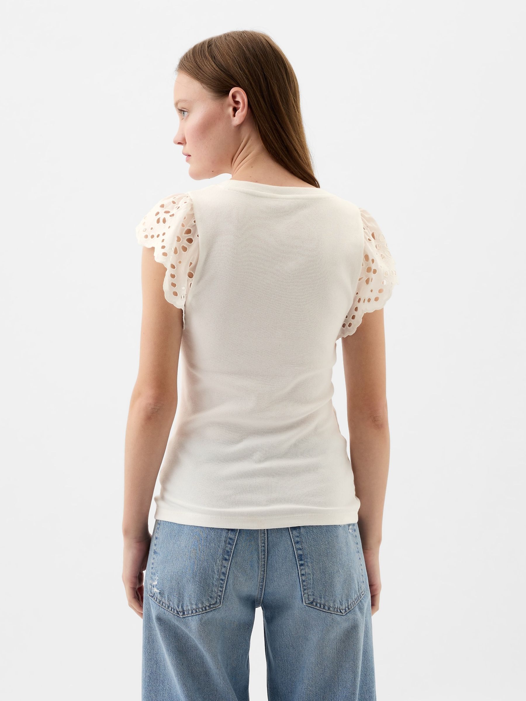 White Soft Knit Eyelet Flutter Sleeve Top - Image 2 of 4