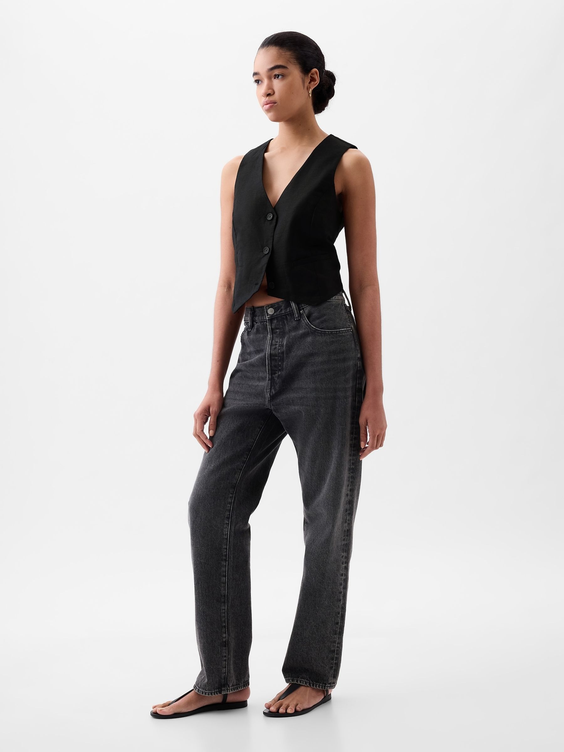 Black Linen Cotton Waistcoat - Image 1 of 4