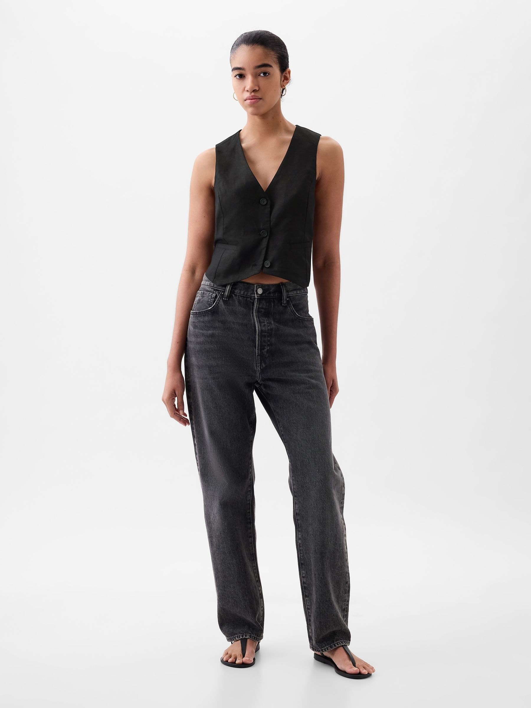 Black Linen Cotton Waistcoat - Image 2 of 4