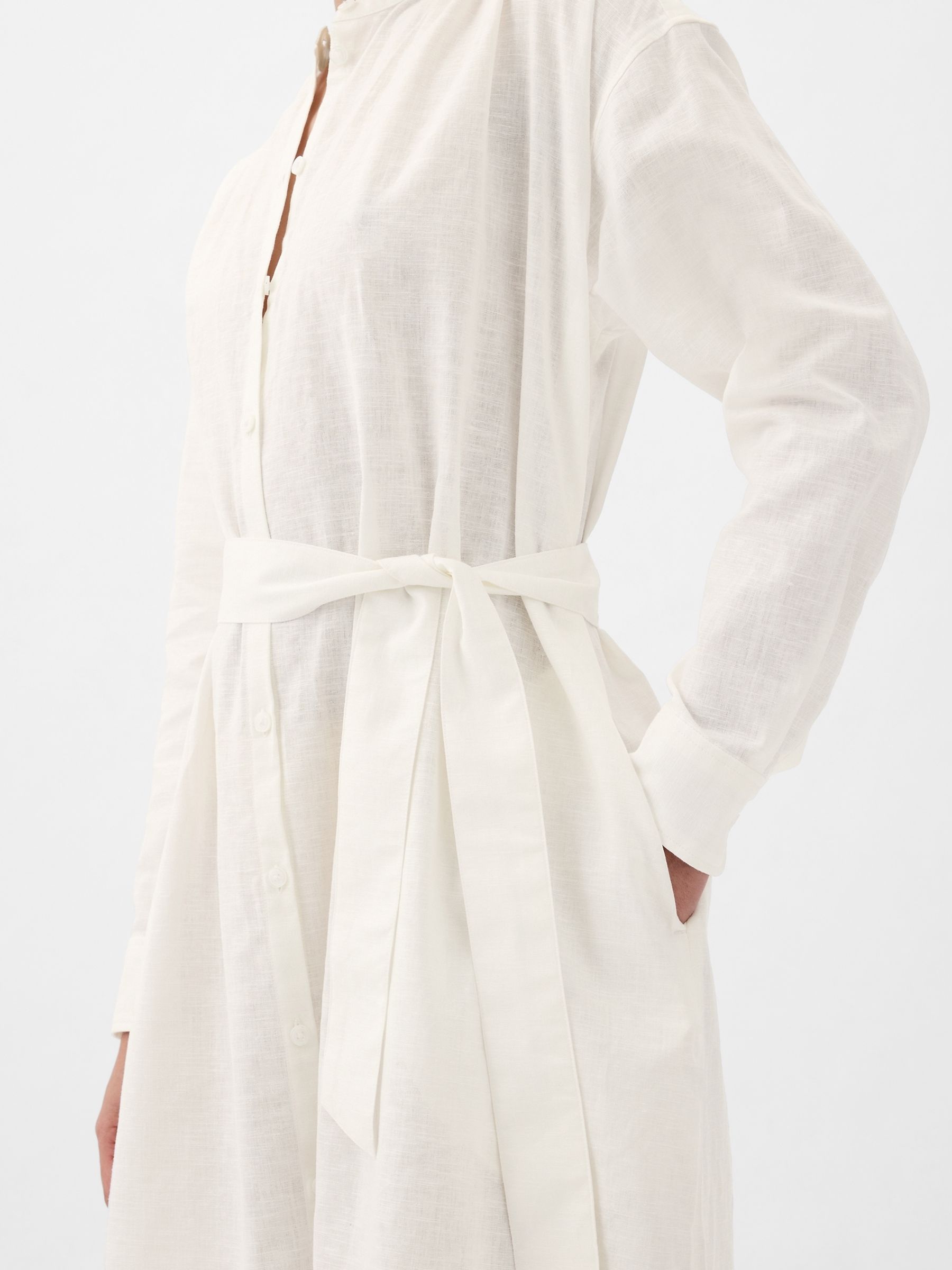 White Linen Blend Long Sleeve Shirt Dress - Image 4 of 5