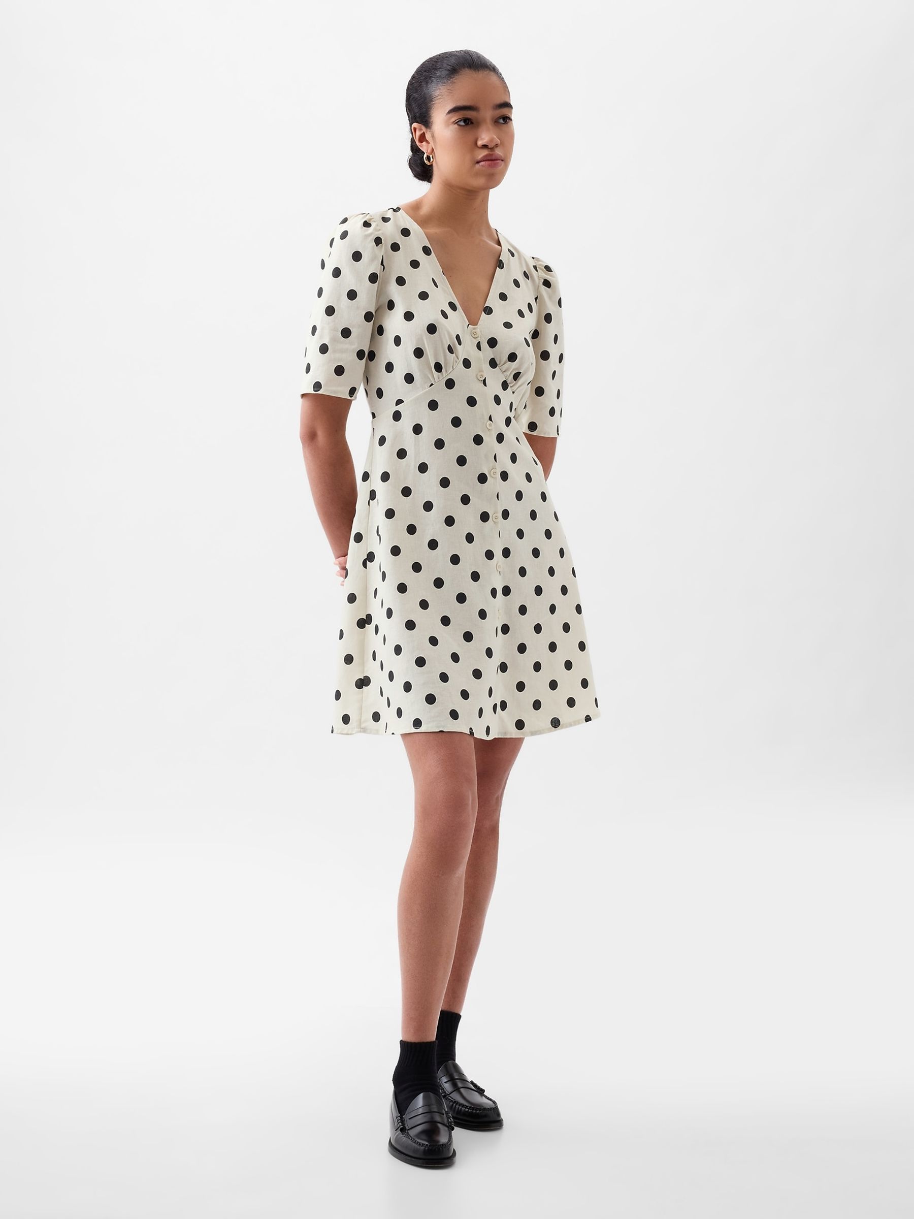 White Linen Cotton Polka Dot Mini Dress - Image 1 of 4