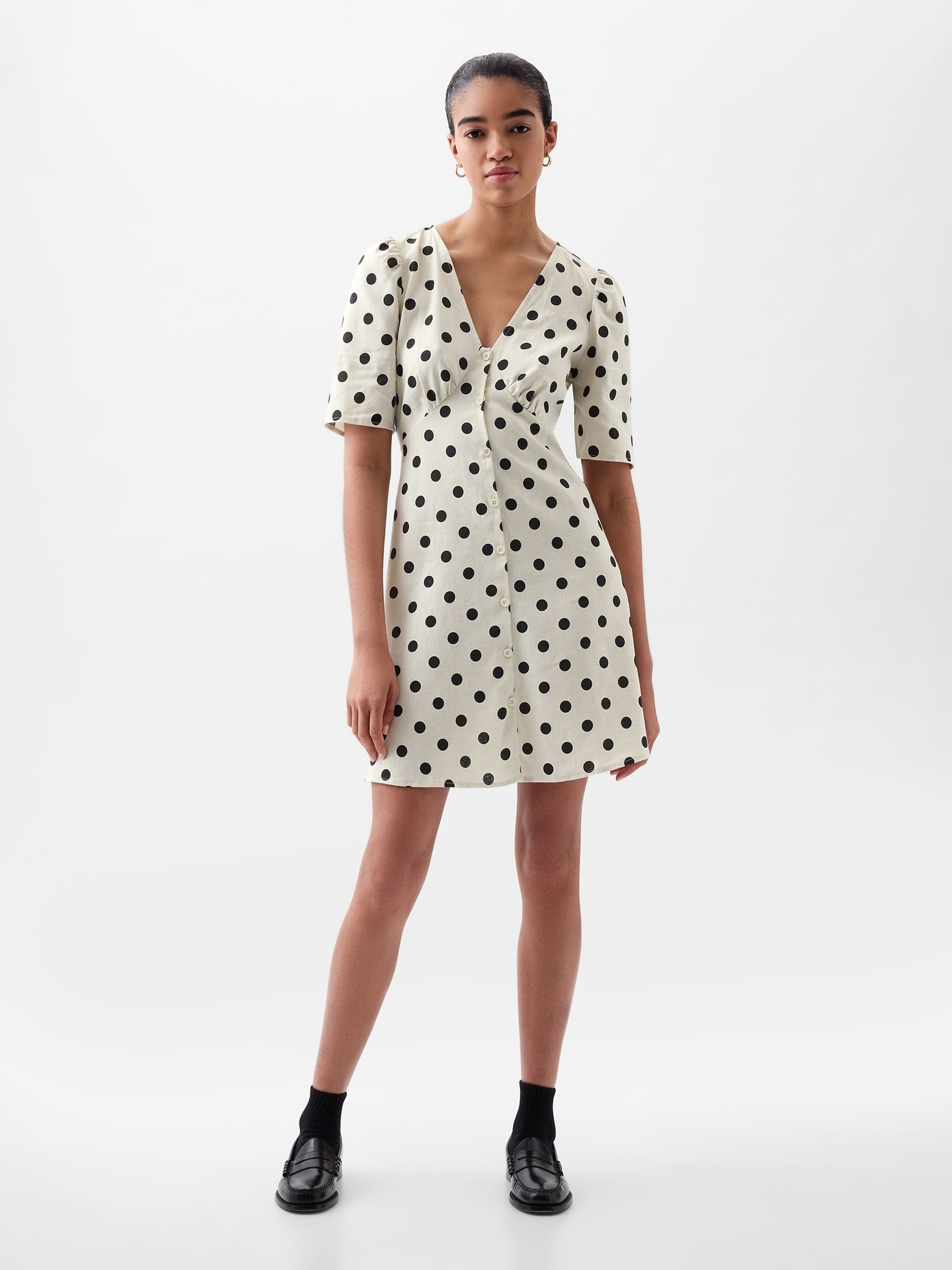 White Linen Cotton Polka Dot Mini Dress - Image 3 of 4