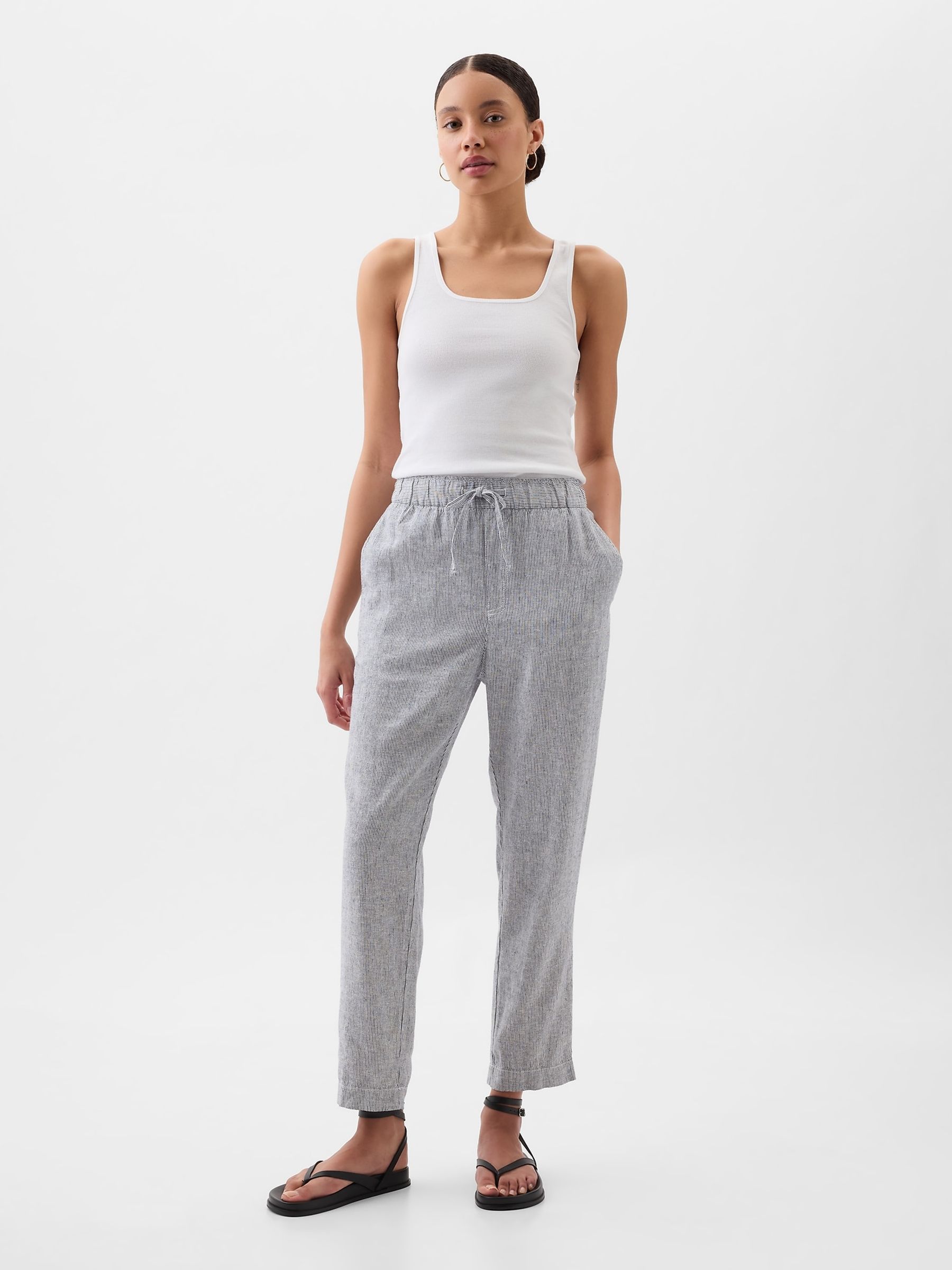 Grey Linen Cotton Pull On Taper Trousers - Image 1 of 2