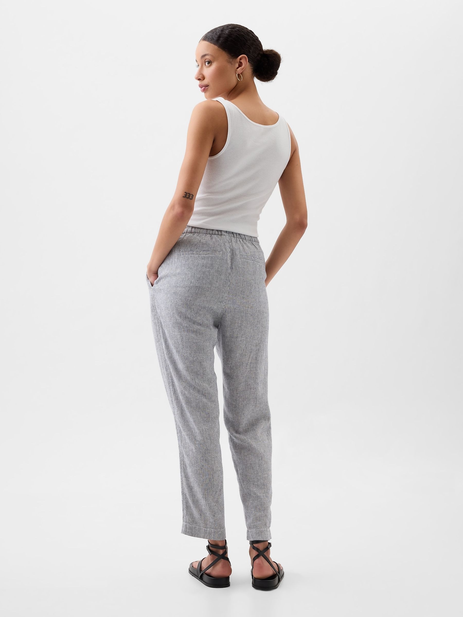 Grey Linen Cotton Pull On Taper Trousers - Image 2 of 2