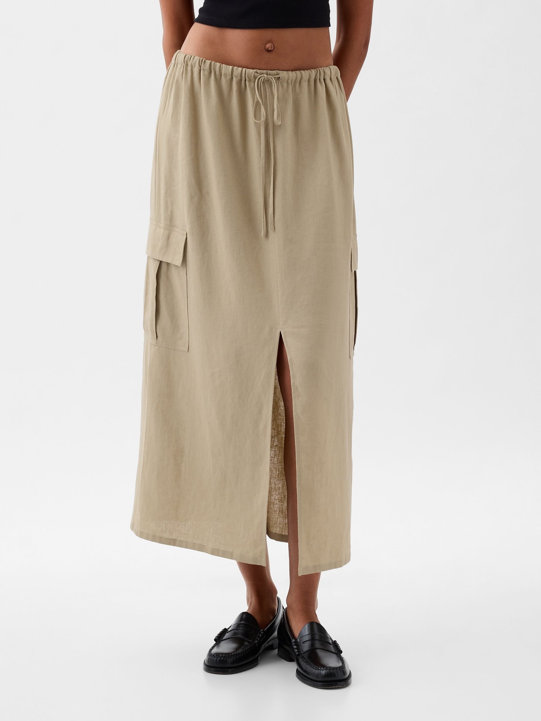 Beige Linen Cotton Utility Pocket Midi Skirt - Image 2 of 4