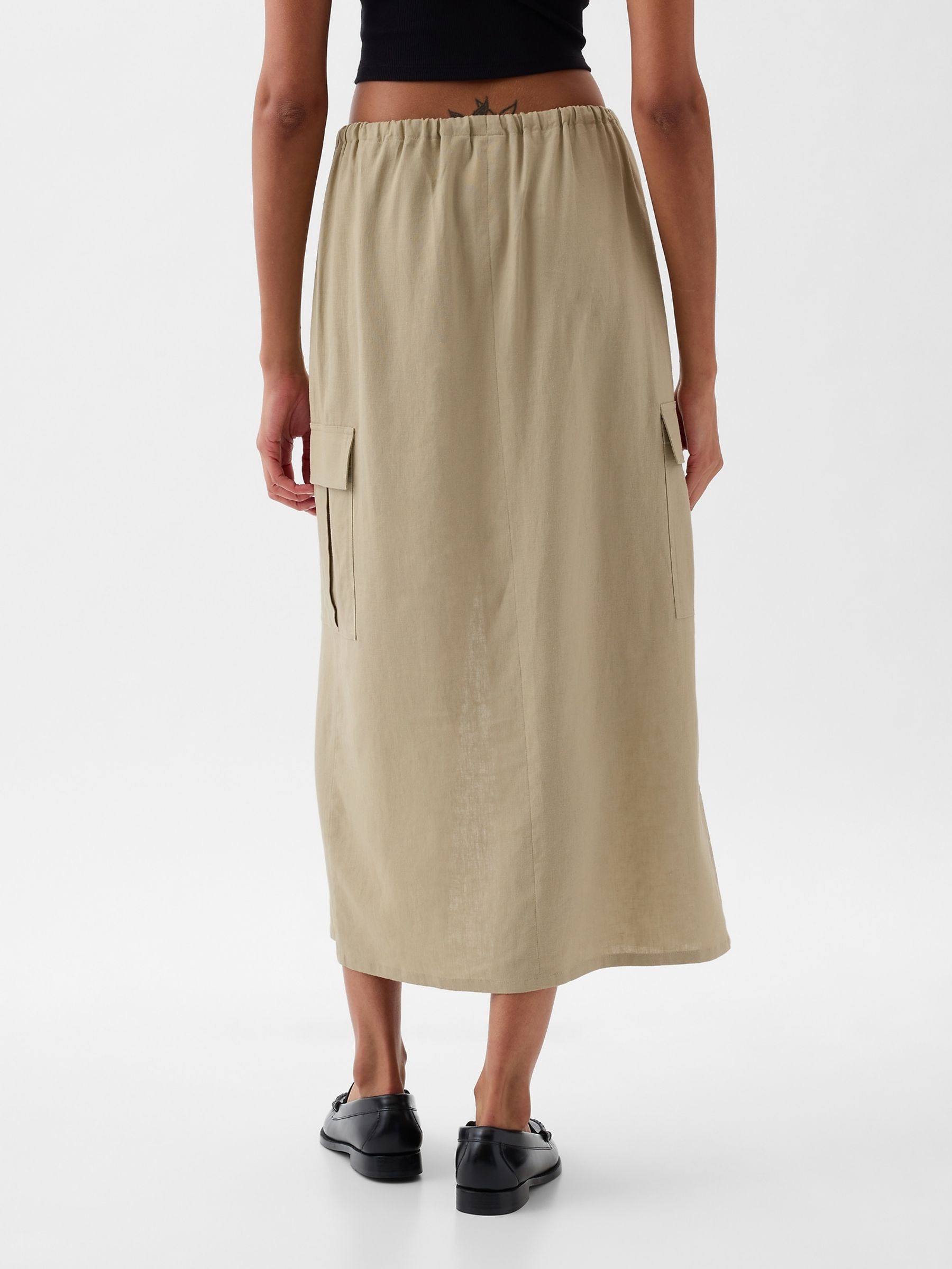 Beige Linen Cotton Utility Pocket Midi Skirt - Image 3 of 4