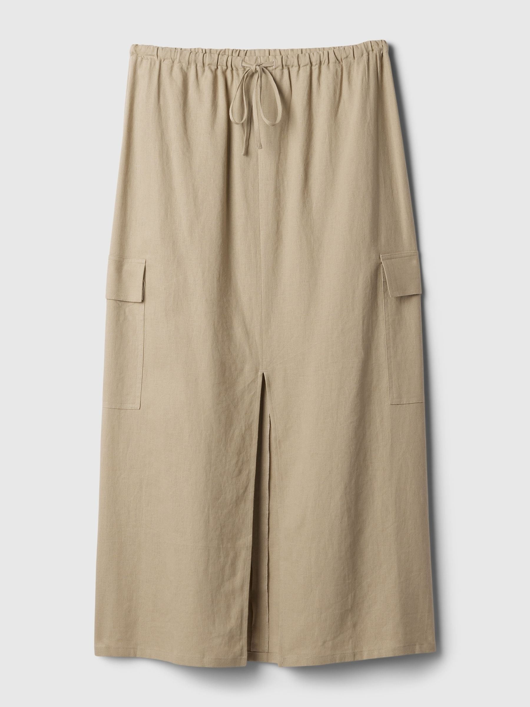 Beige Linen Cotton Utility Pocket Midi Skirt - Image 4 of 4