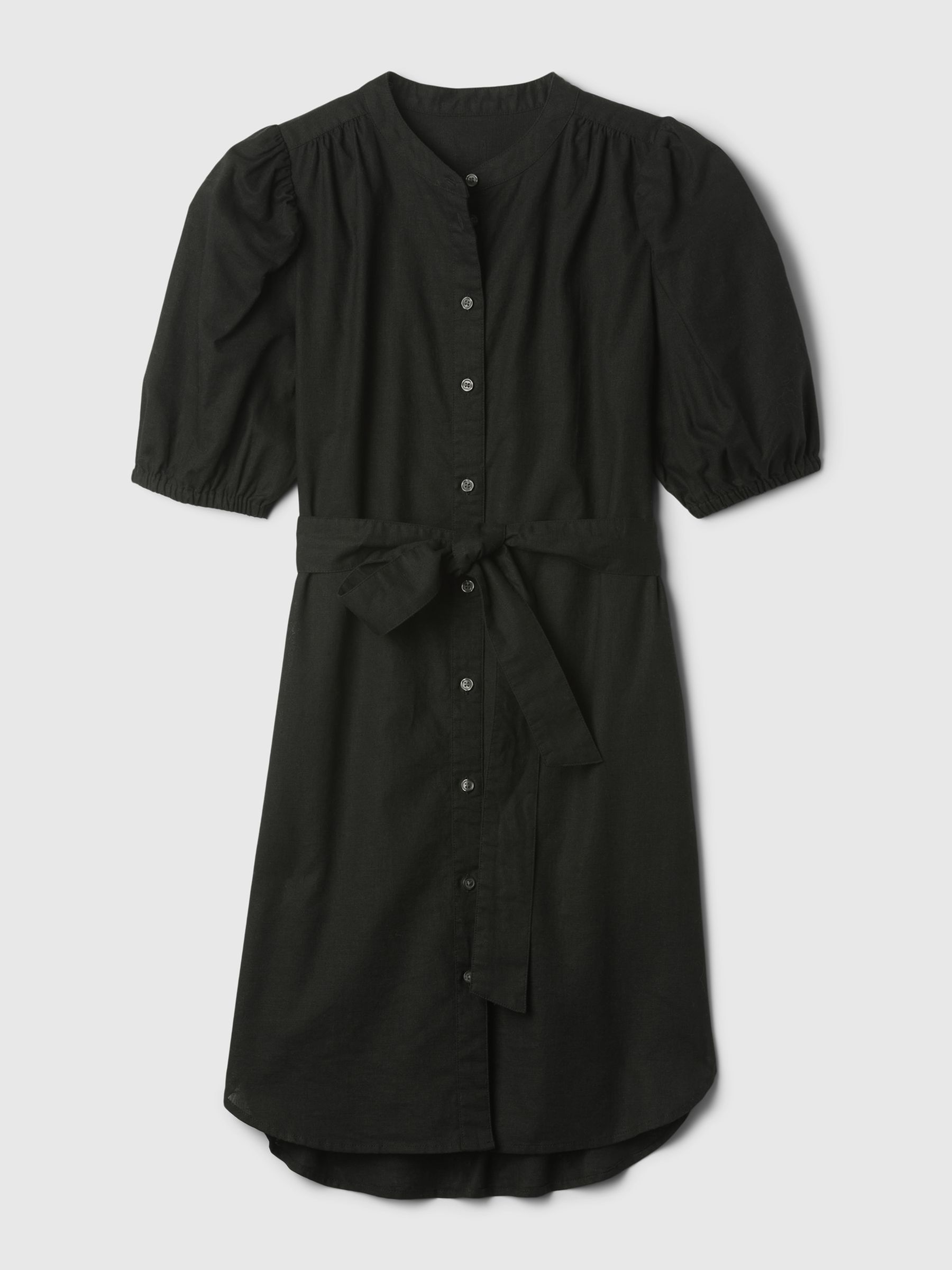 Black Linen Blend Short Puff Sleeve Mini Shirt Dress - Image 4 of 4