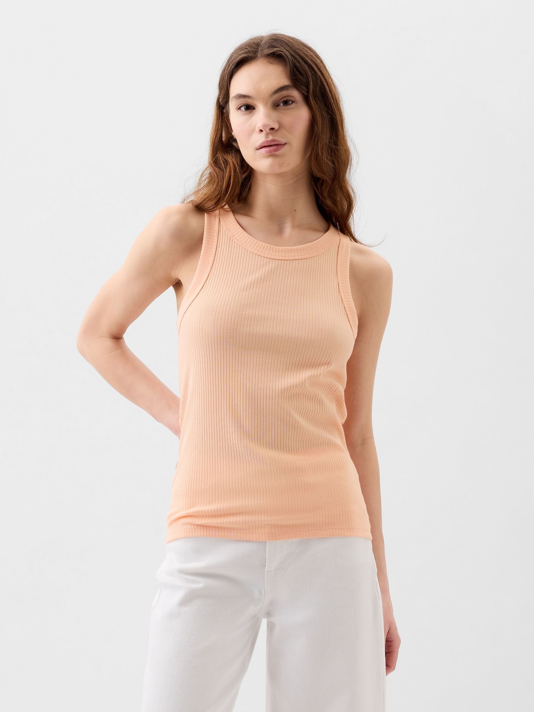 Orange Ribbed Racer High Neck Vest Top - Image 1 of 2