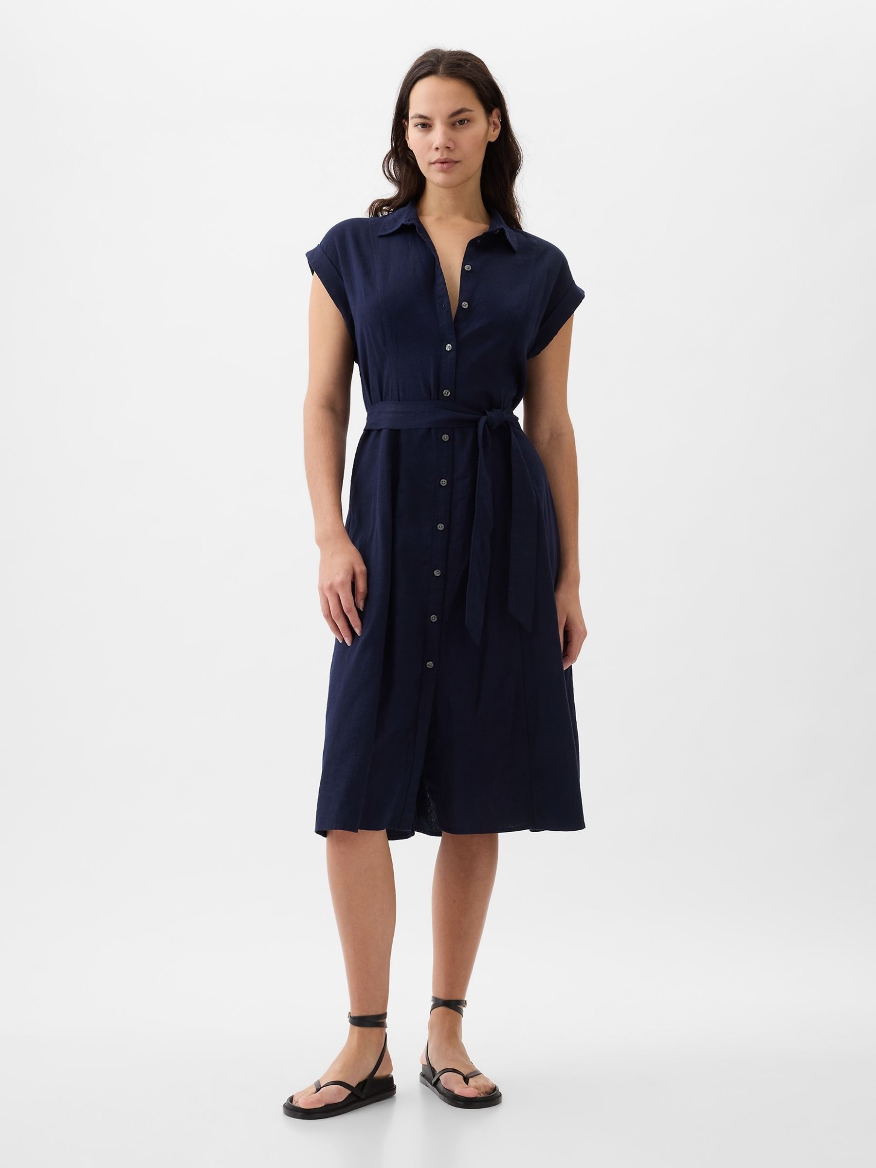 Navy Blue Linen-Blend Tie Waist Midi Shirt Dress - Image 1 of 5