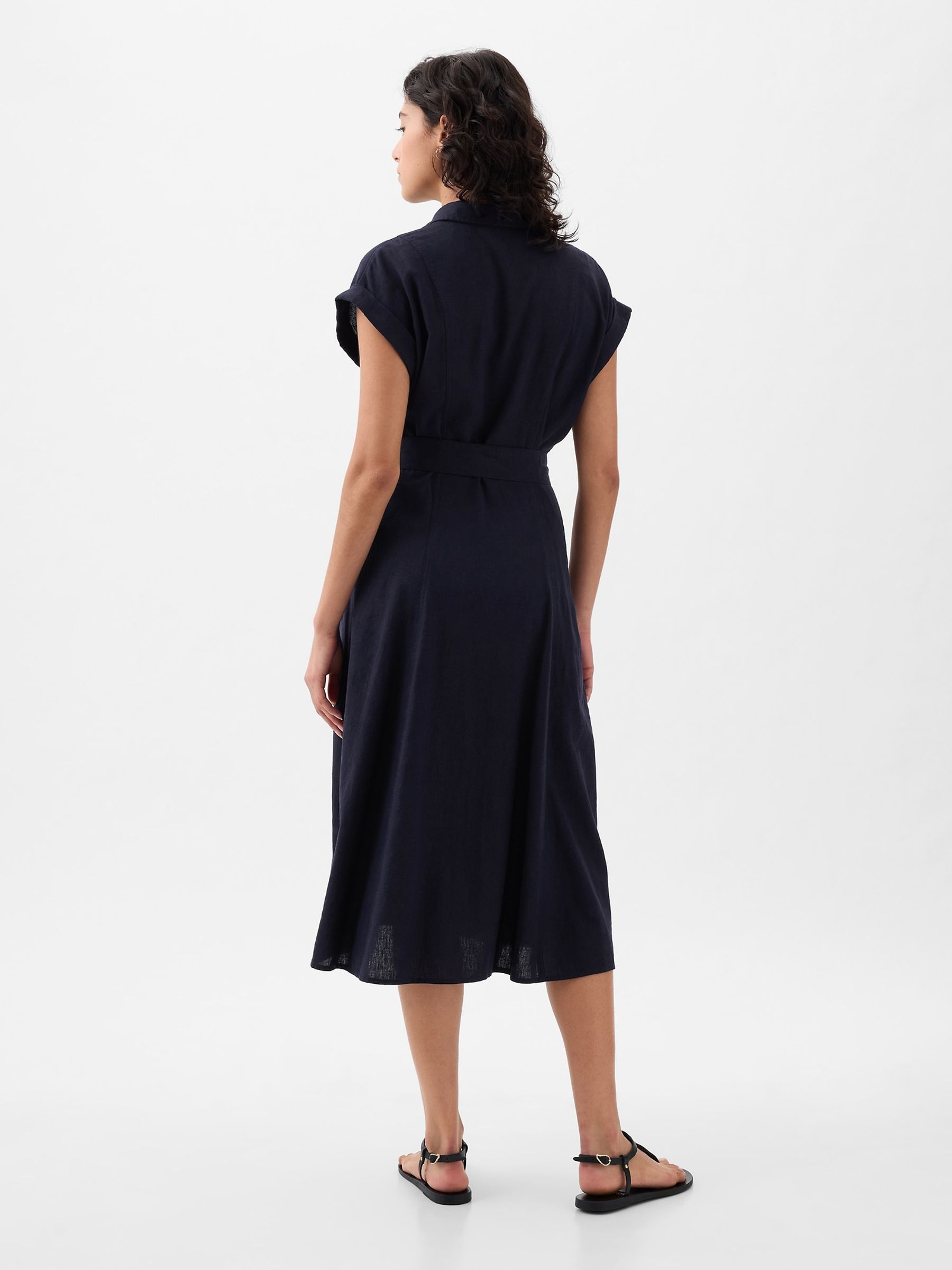Navy Blue Linen-Blend Tie Waist Midi Shirt Dress - Image 2 of 5