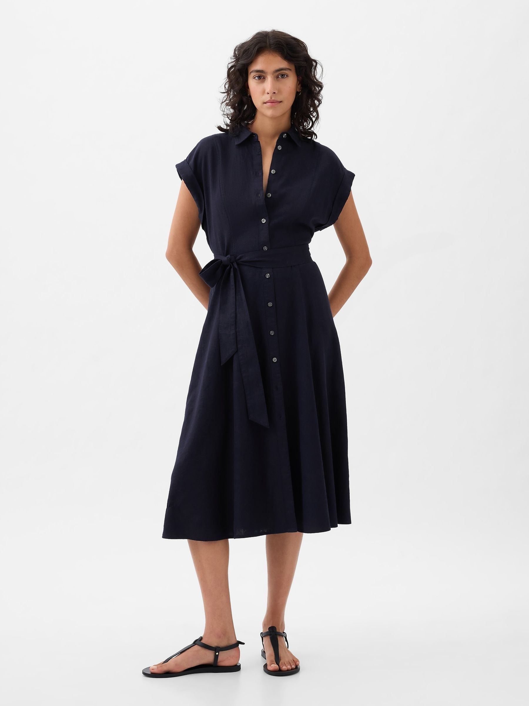 Navy Blue Linen-Blend Tie Waist Midi Shirt Dress - Image 3 of 5