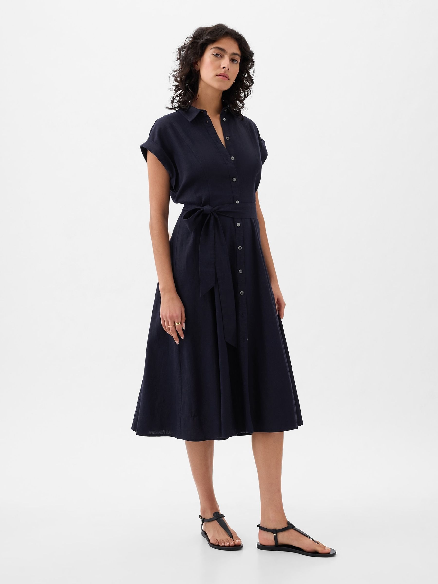 Navy Blue Linen-Blend Tie Waist Midi Shirt Dress - Image 4 of 5