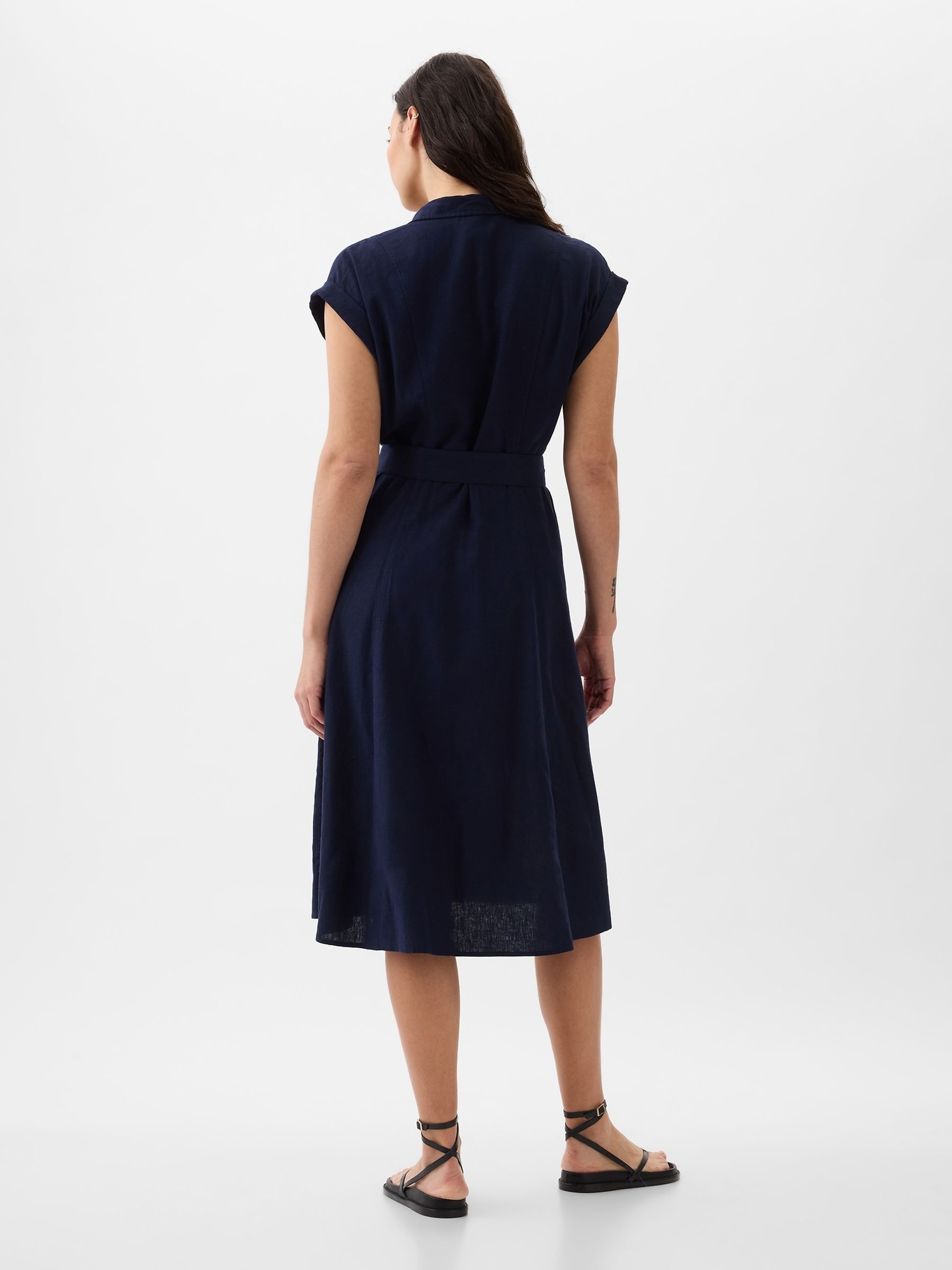 Navy Blue Linen-Blend Tie Waist Midi Shirt Dress - Image 5 of 5