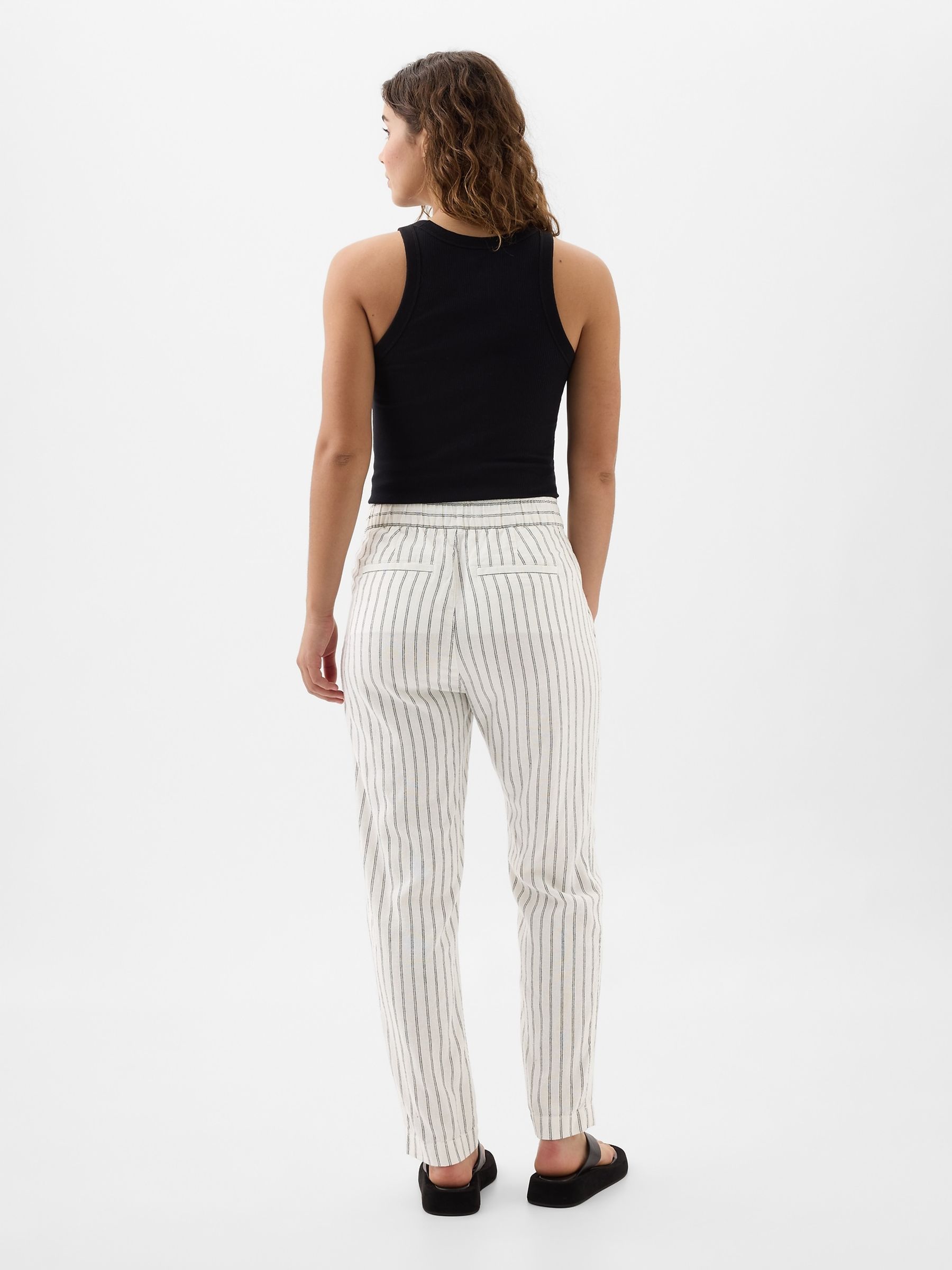 Black/White Linen Cotton Pull On Taper Trousers - Image 2 of 2