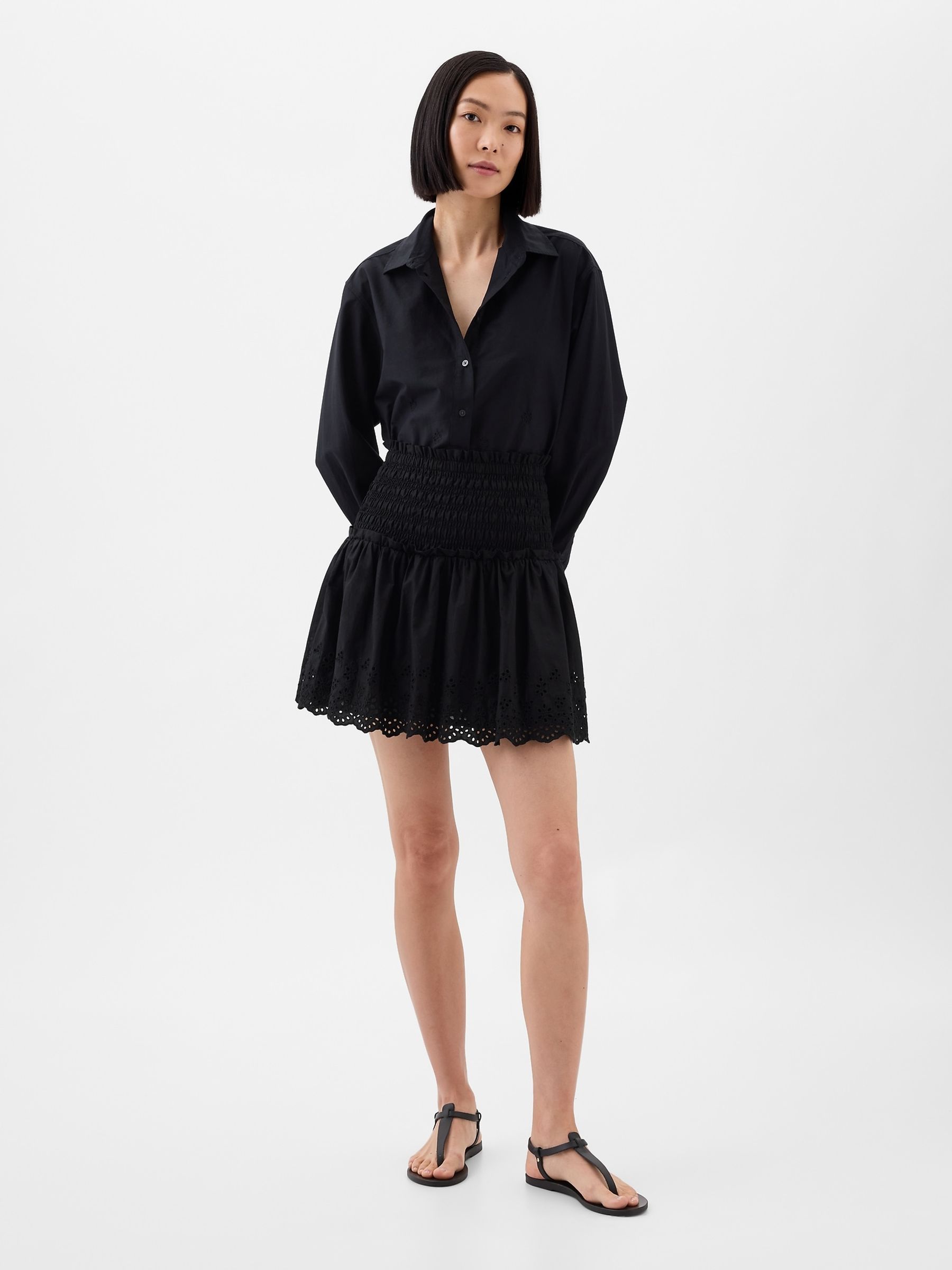 Black Smocked Eyelet Mini Skirt - Image 1 of 4