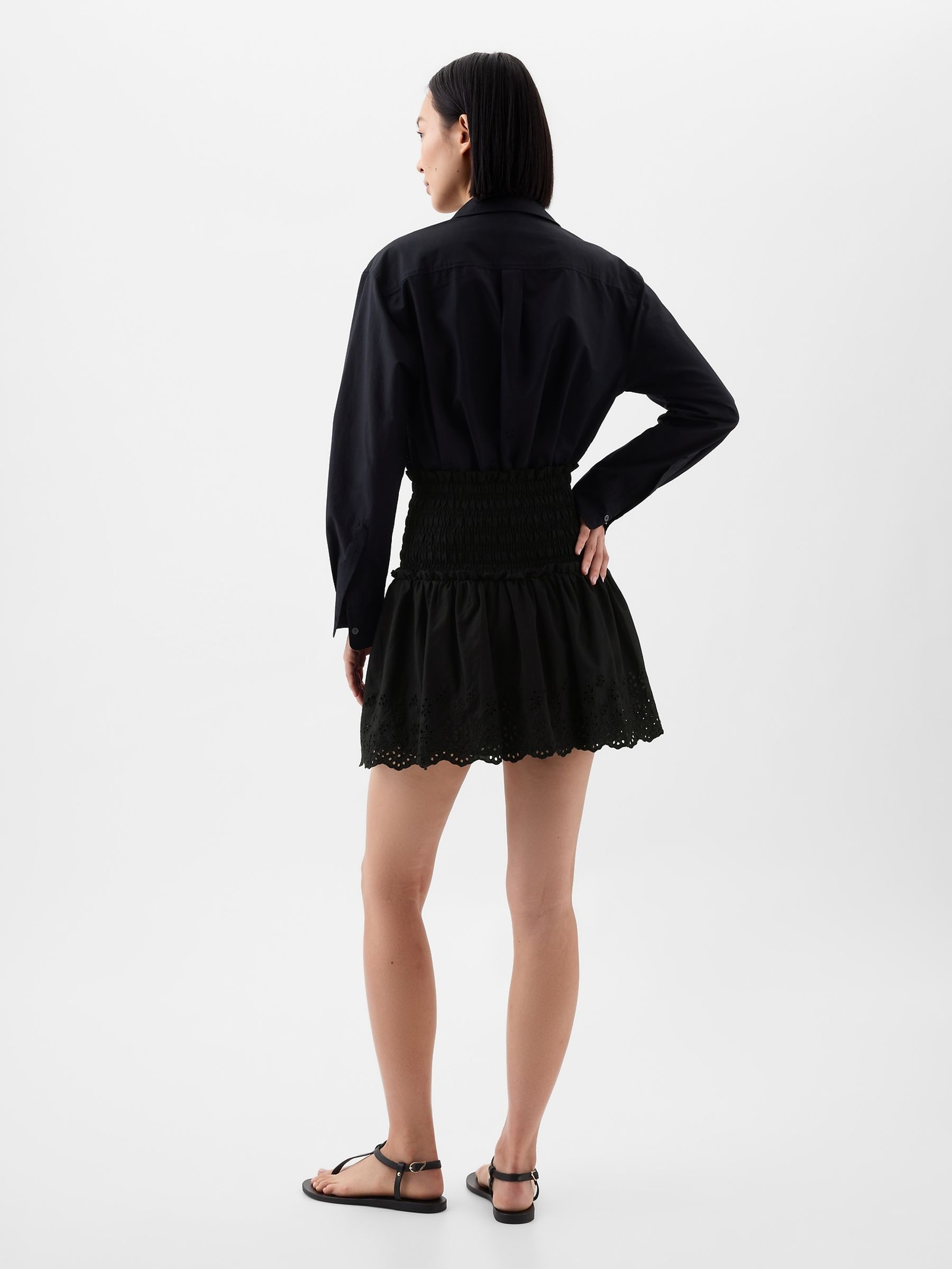 Black Smocked Eyelet Mini Skirt - Image 2 of 4