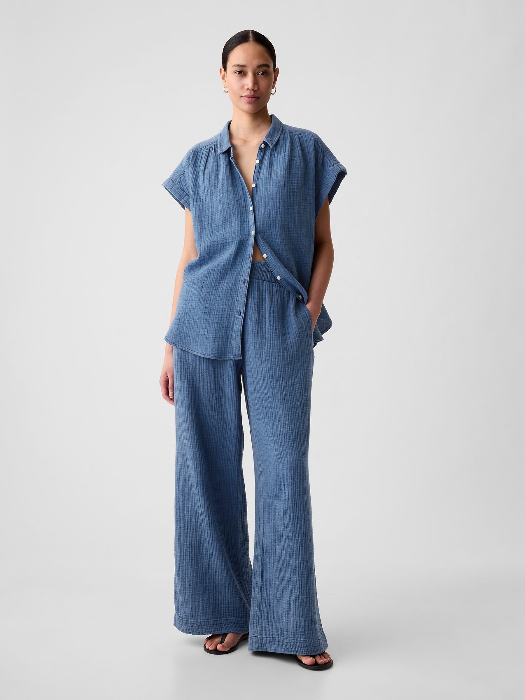 Blue Crinkle Cotton Wide Leg Pull On Trouser - Image 1 of 8