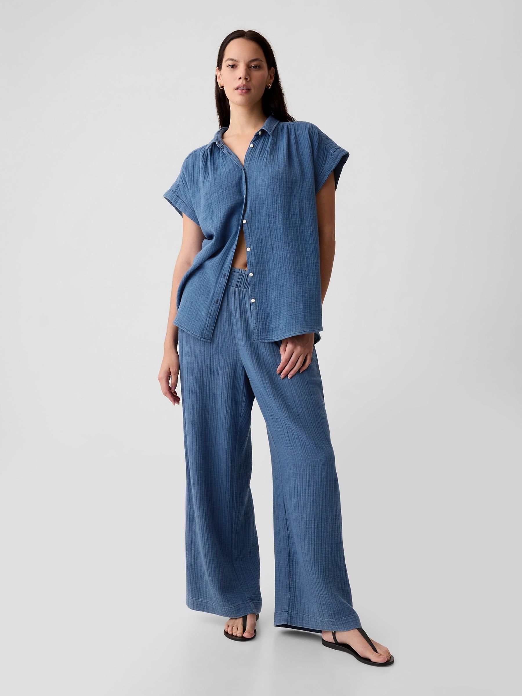 Blue Crinkle Cotton Wide Leg Pull On Trouser - Image 3 of 8
