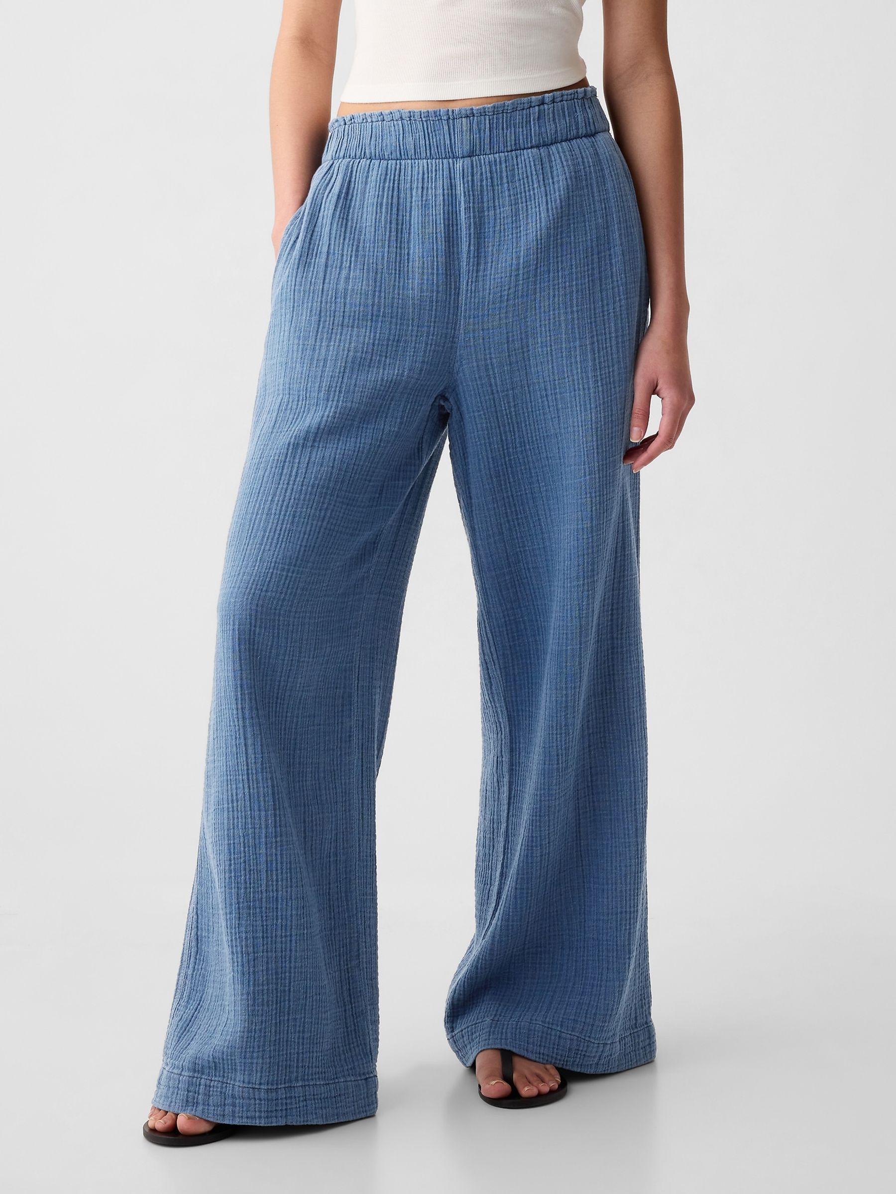 Blue Crinkle Cotton Wide Leg Pull On Trouser - Image 4 of 8