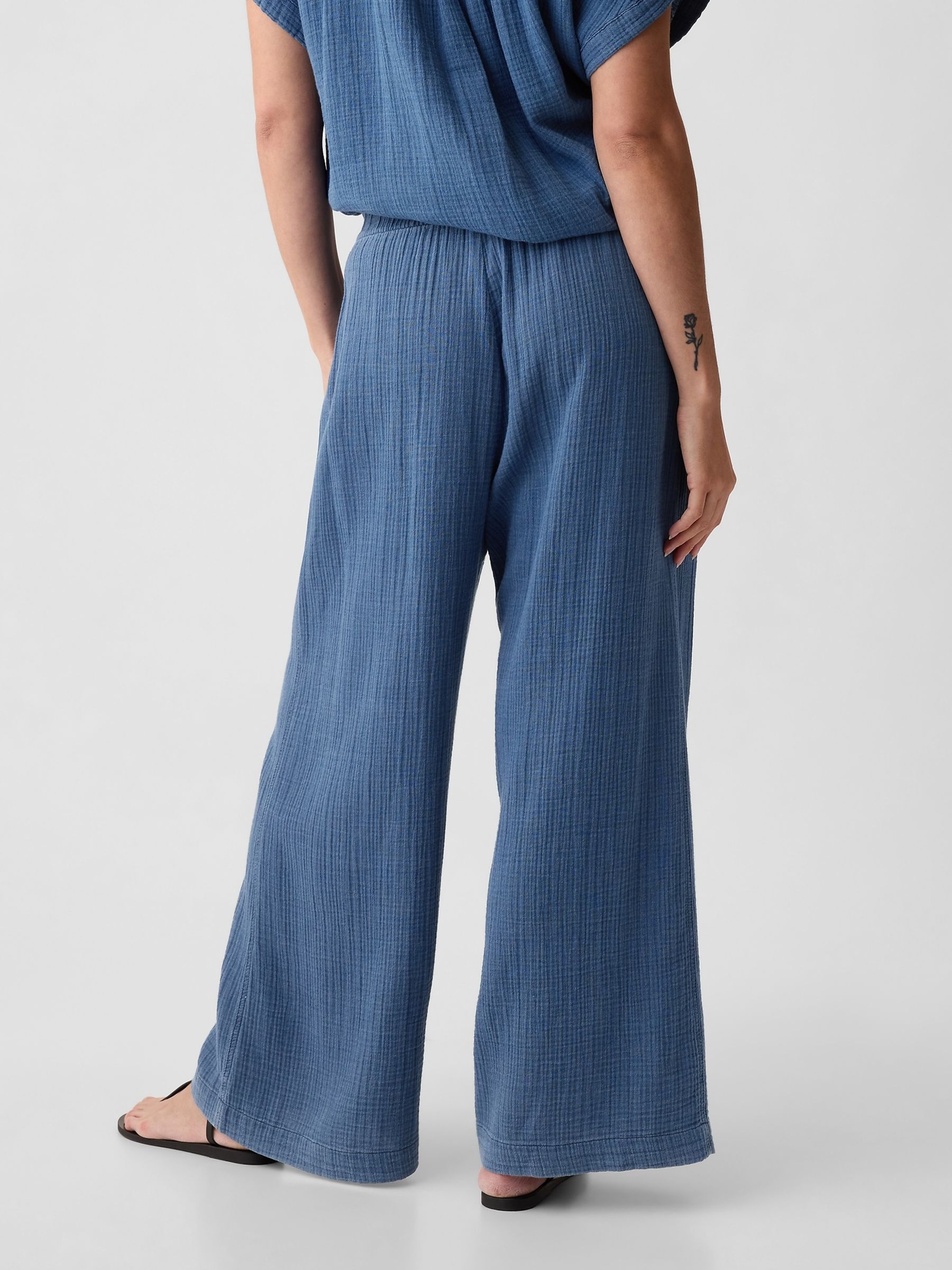 Blue Crinkle Cotton Wide Leg Pull On Trouser - Image 5 of 8