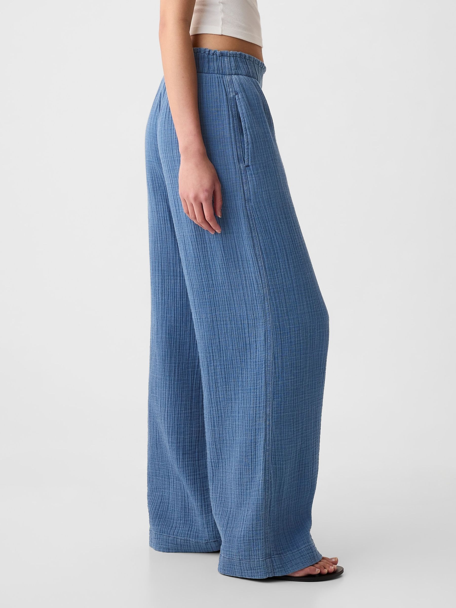 Blue Crinkle Cotton Wide Leg Pull On Trouser - Image 6 of 8