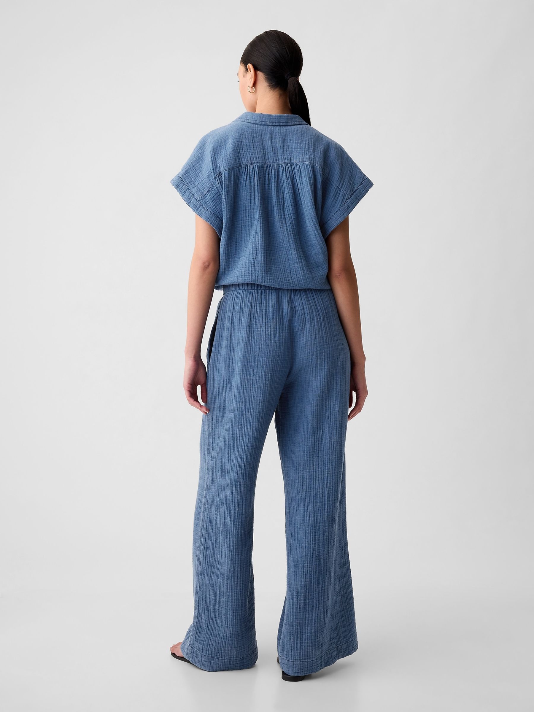 Blue Crinkle Cotton Wide Leg Pull On Trouser - Image 8 of 8