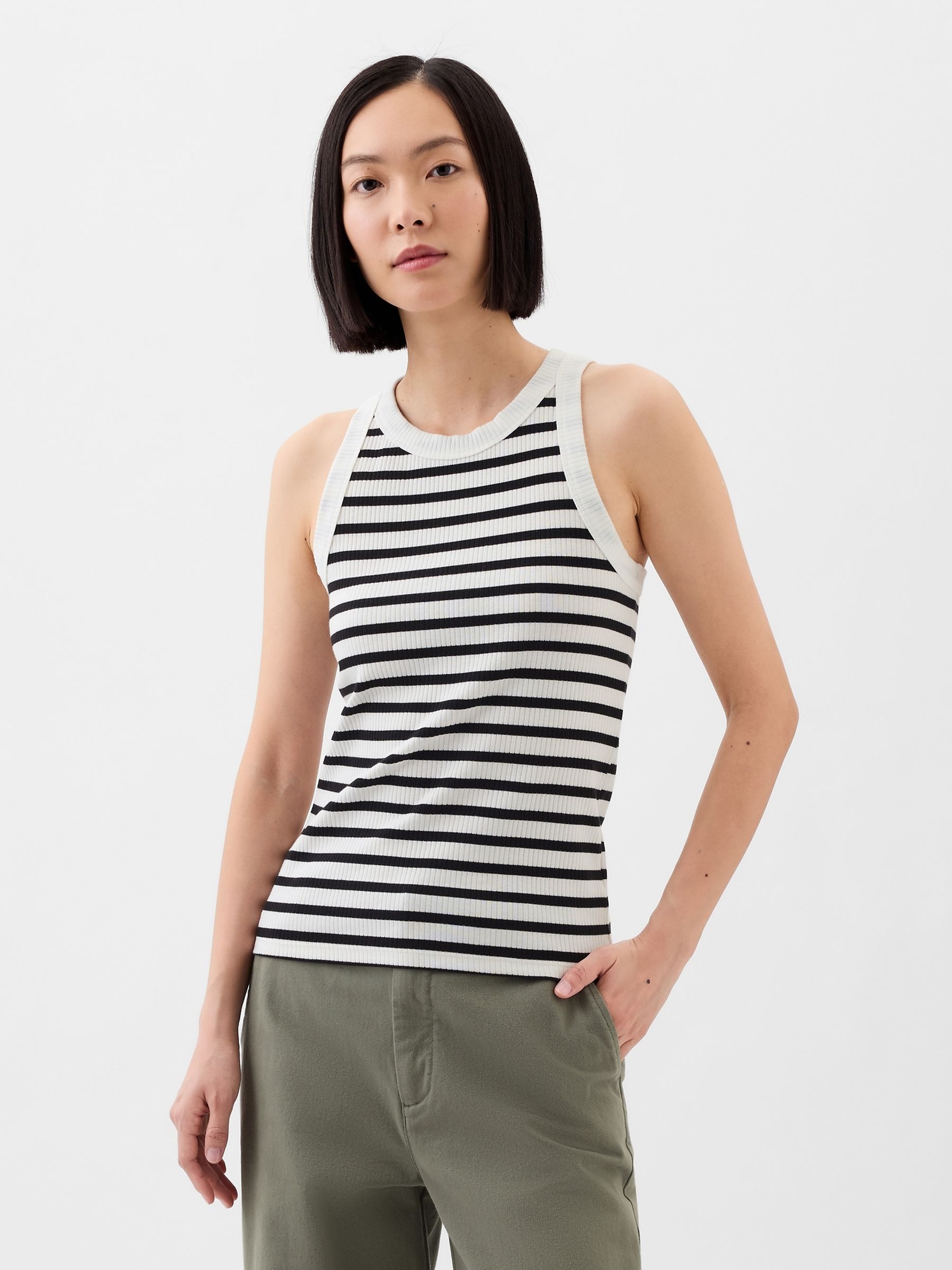 White and Black Ribbed Stripe High Neck Tank Top - Image 1 of 1