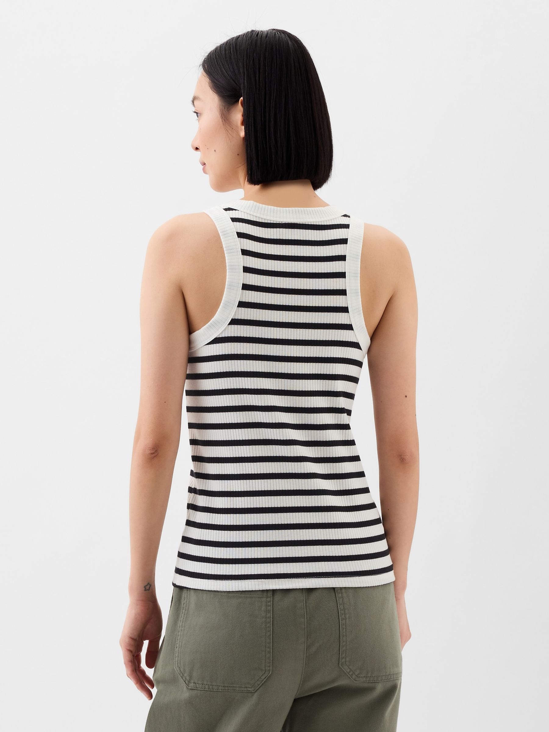 White and Black Ribbed Stripe High Neck Tank Top - Image 2 of 4 White and Black Ribbed Stripe High Neck Tank Top - Image 2 of 4