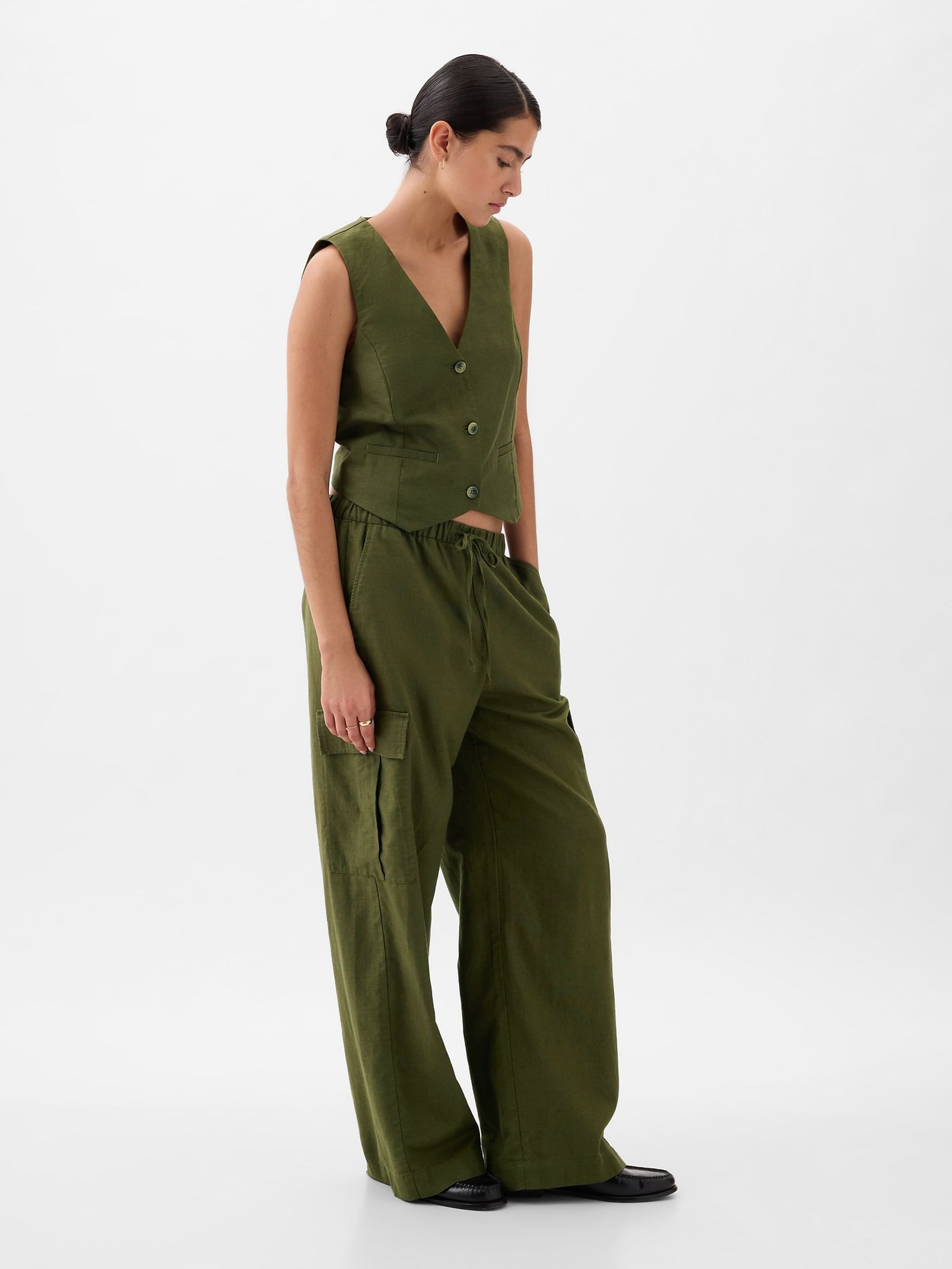 Khaki Green Linen Cotton Waistcoat - Image 1 of 3