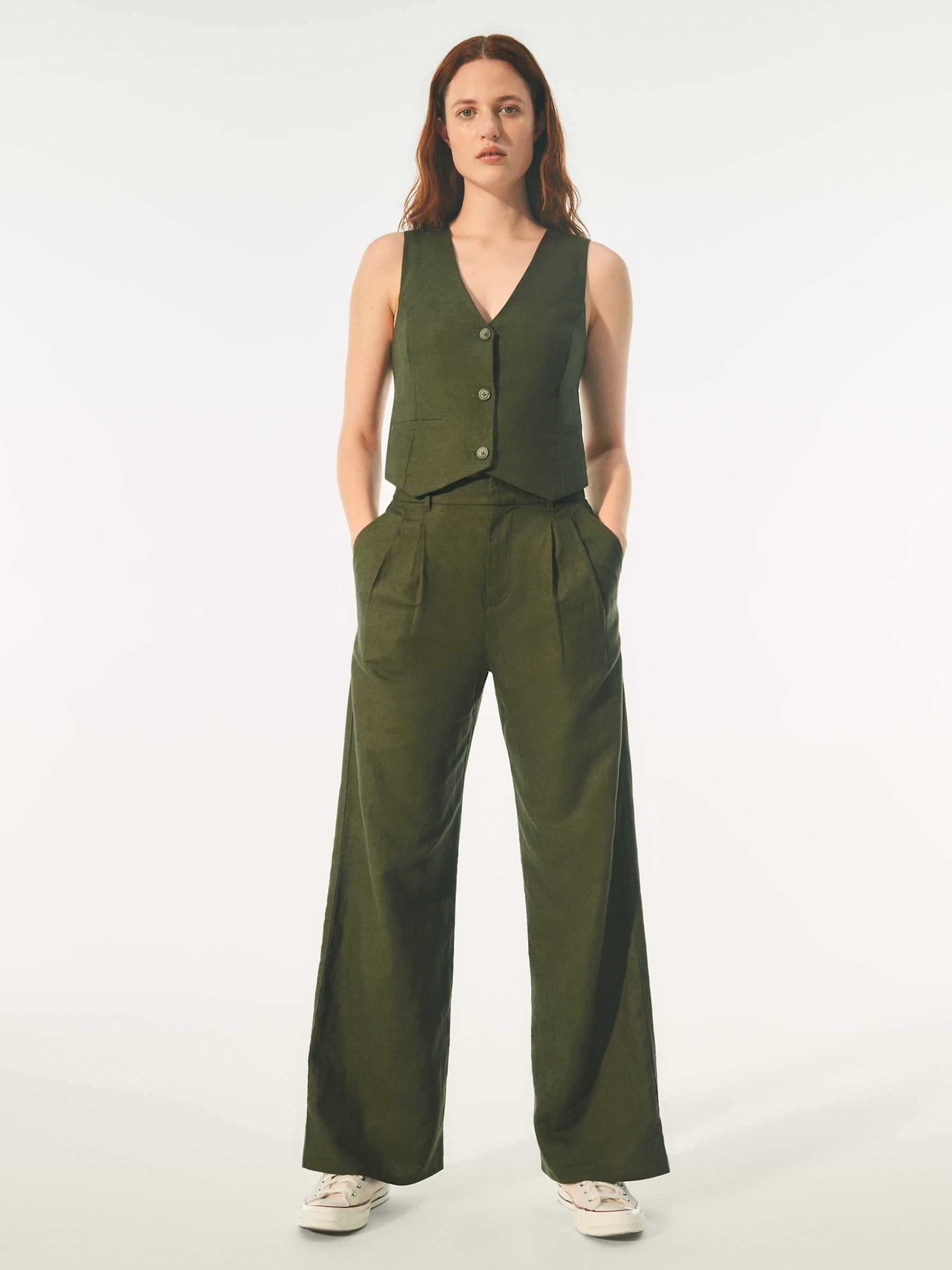 Khaki Green Linen Cotton Waistcoat - Image 3 of 3