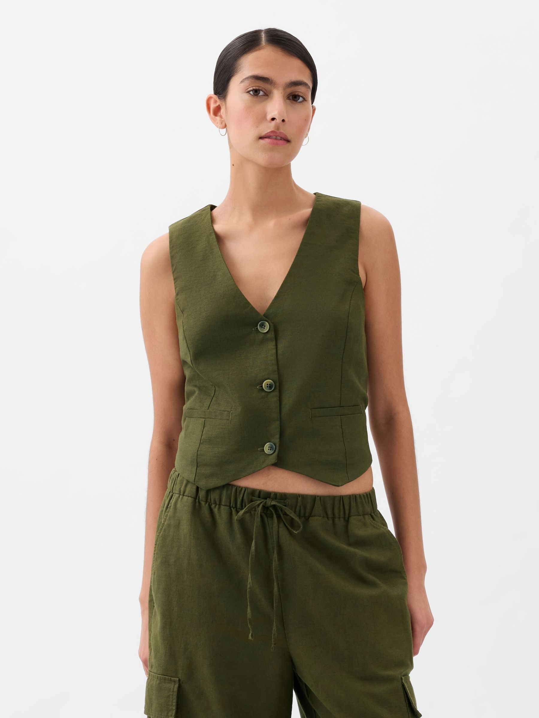 Khaki Green Linen Cotton Waistcoat - Image 4 of 5