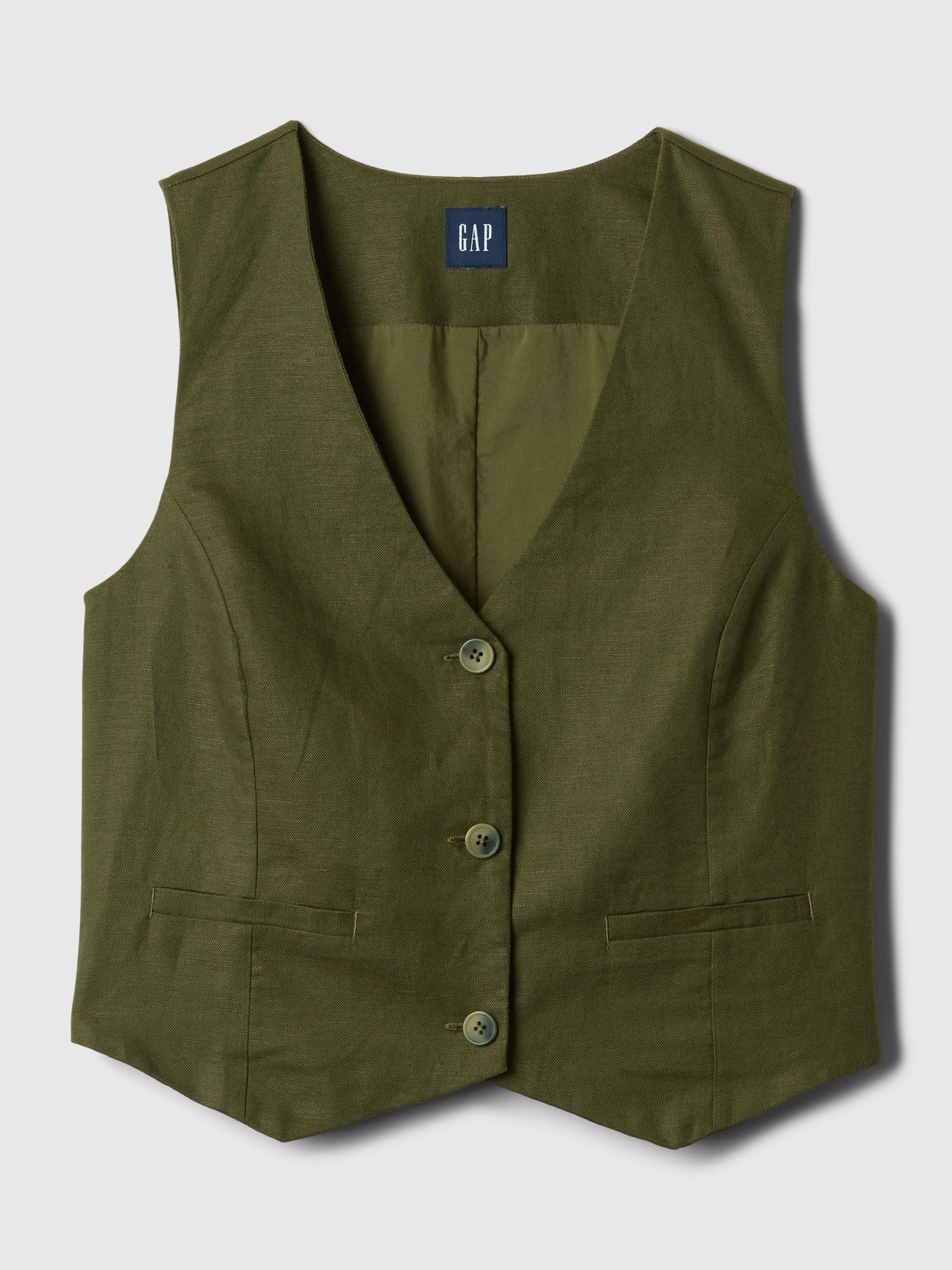 Khaki Green Linen Cotton Waistcoat - Image 5 of 5 Khaki Green Linen Cotton Waistcoat - Image 5 of 5