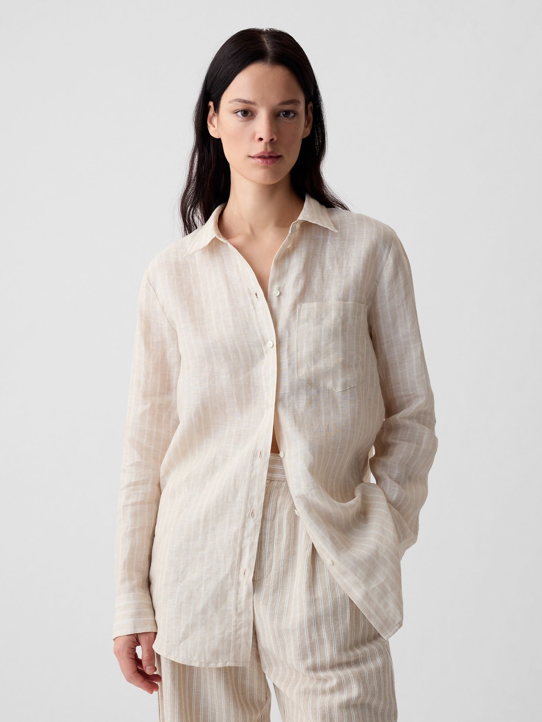 Cream Stripe 100% Linen Long Sleeve Oversized Shirt - Image 1 of 6