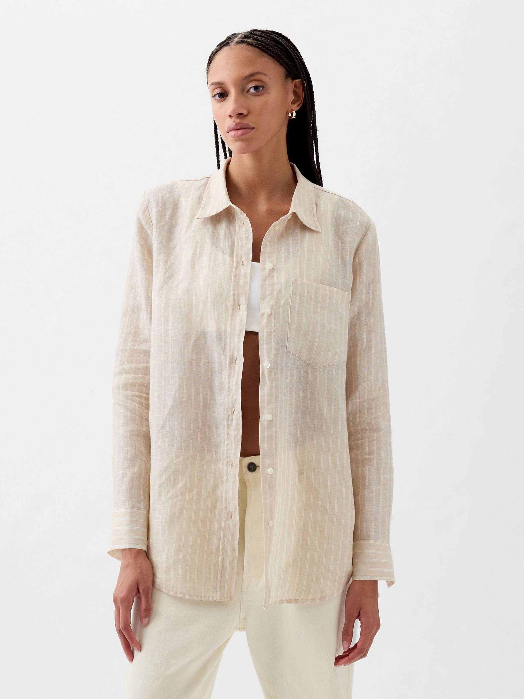 Cream Stripe 100% Linen Long Sleeve Oversized Shirt - Image 10 of 10
