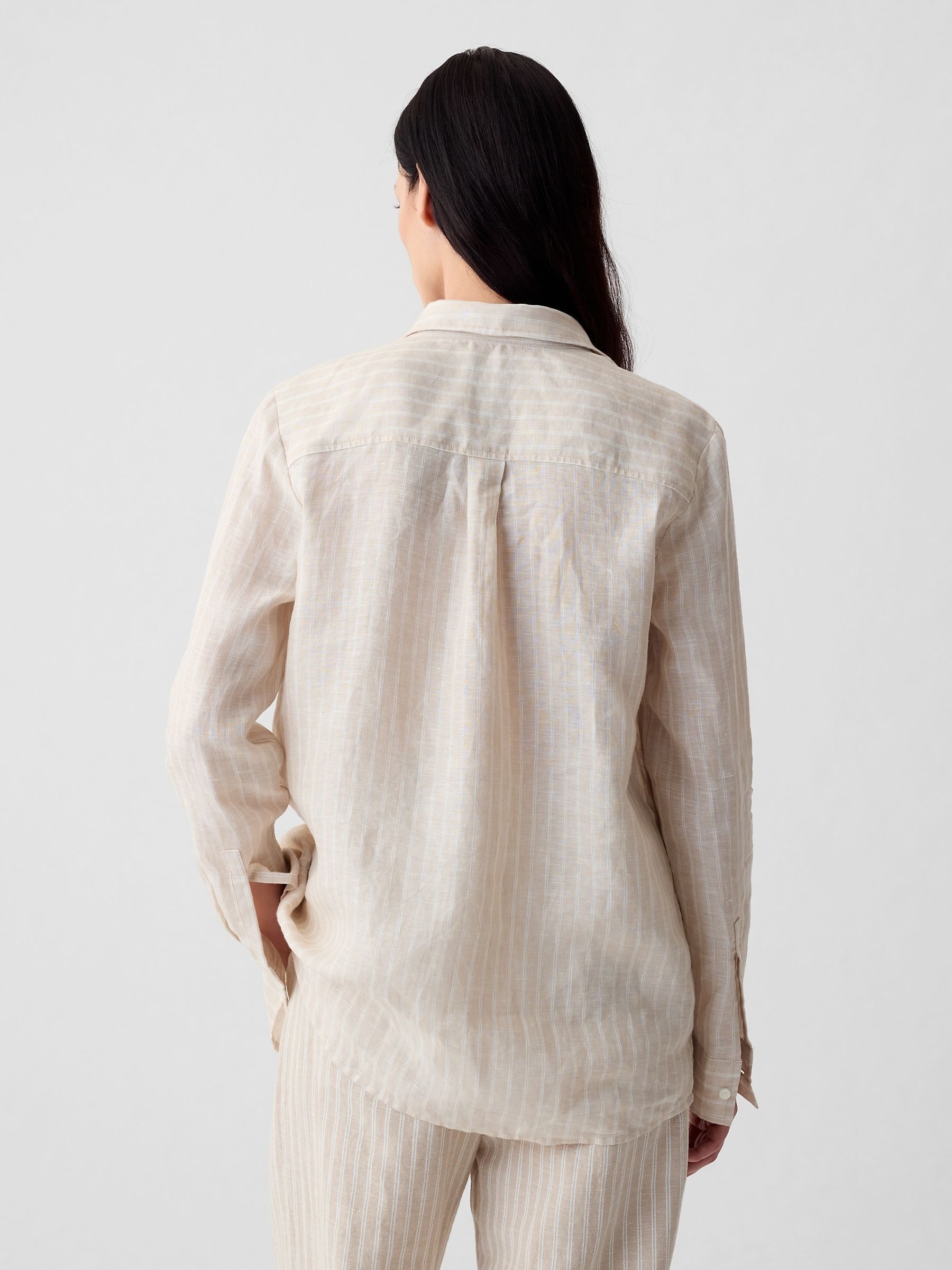 Cream Stripe 100% Linen Long Sleeve Oversized Shirt - Image 2 of 6