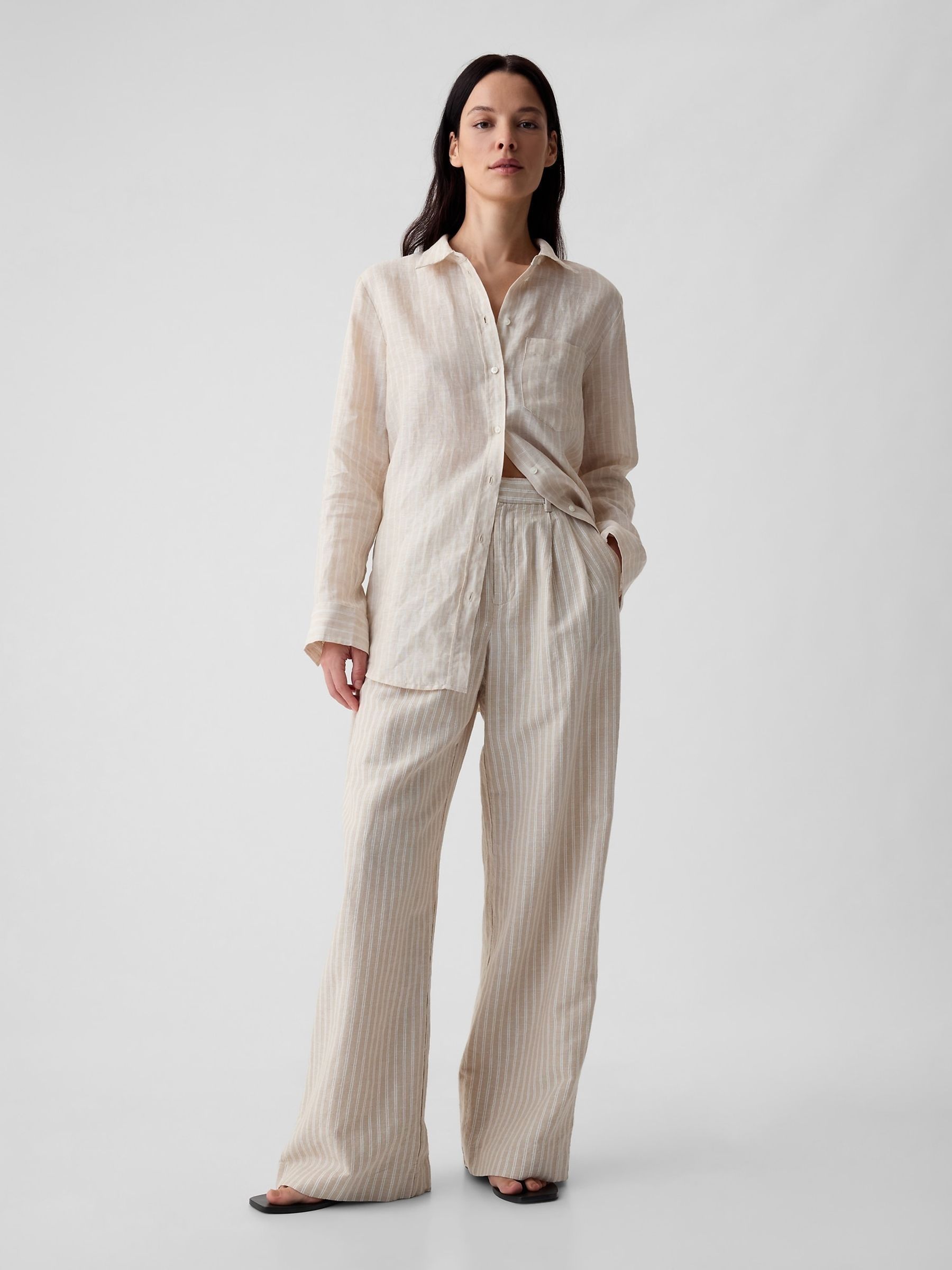 Cream Stripe 100% Linen Long Sleeve Oversized Shirt - Image 3 of 6