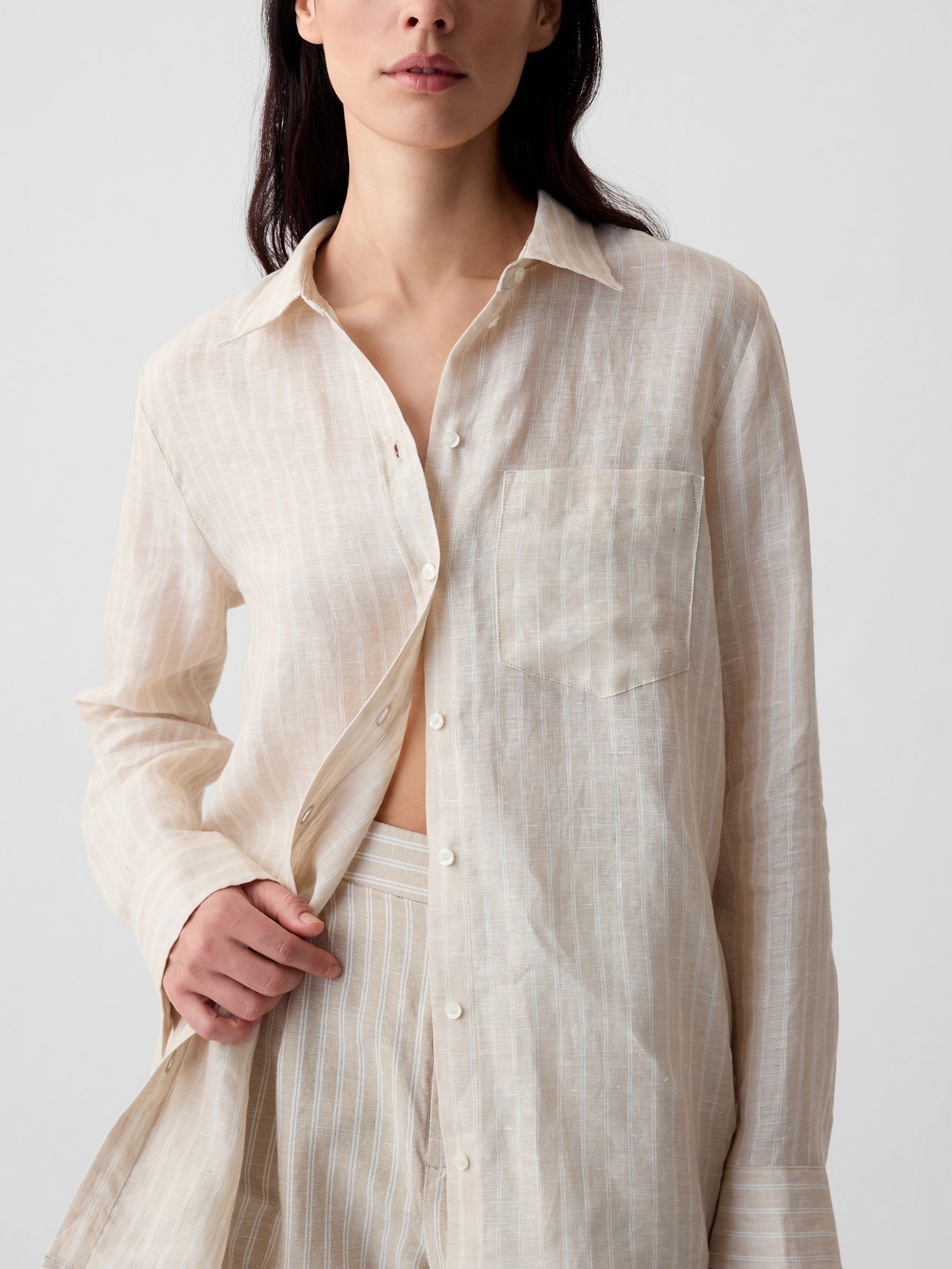 Cream Stripe 100% Linen Long Sleeve Oversized Shirt - Image 4 of 6