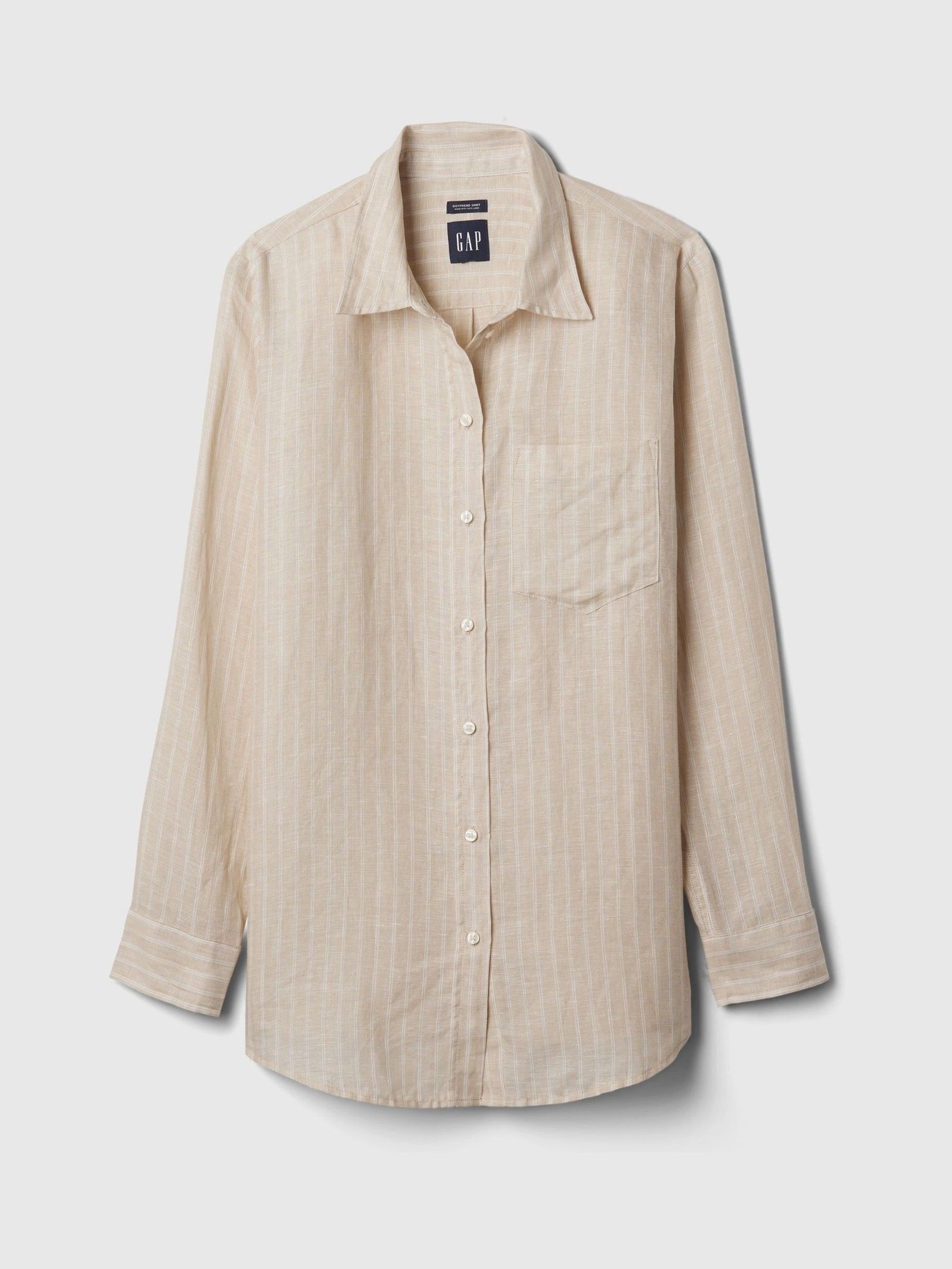 Cream Stripe 100% Linen Long Sleeve Oversized Shirt - Image 5 of 6
